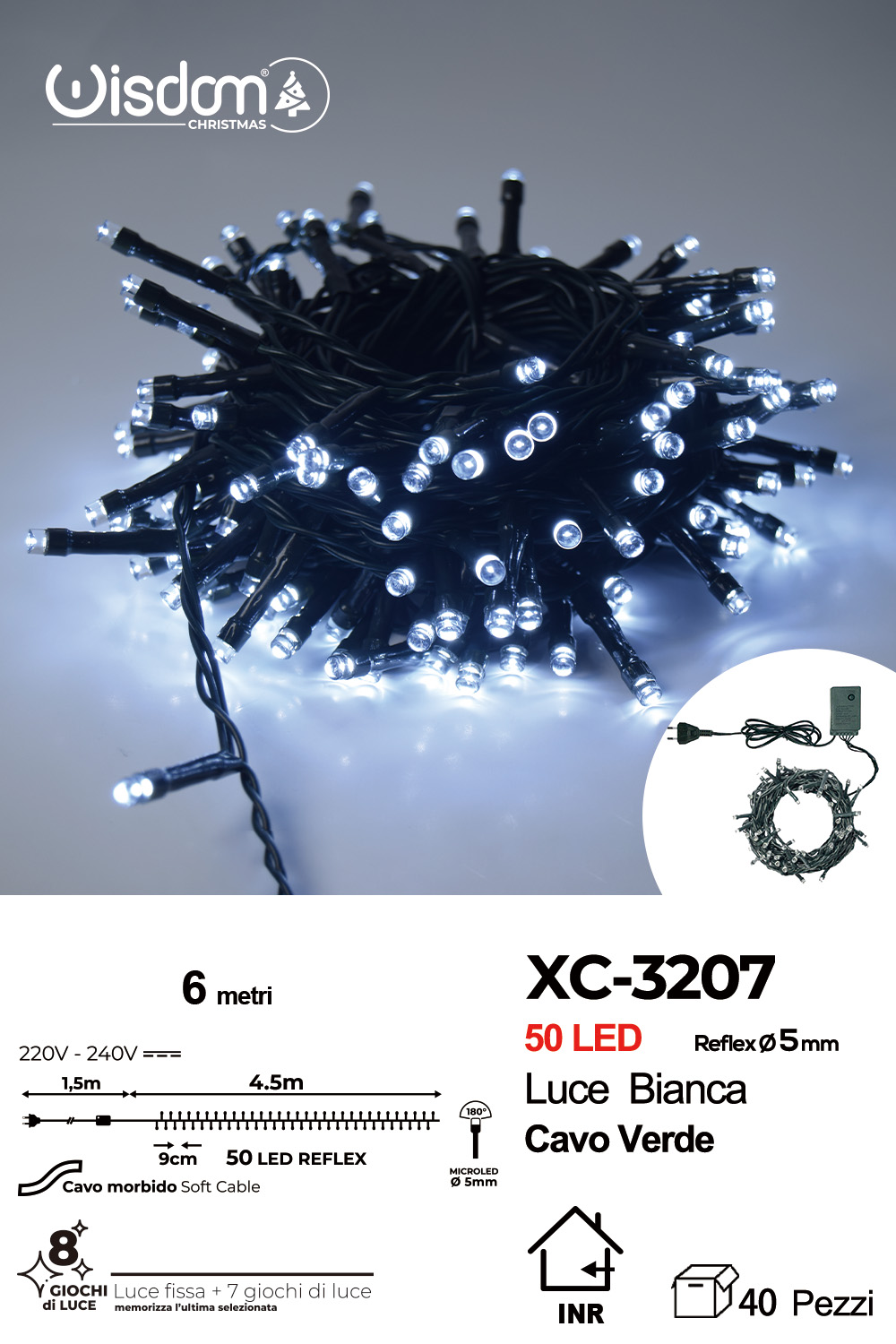XC-3207 Catena luminosa da 6 metri con 50 LED luce fredda per uso interno 8 giochi luce - immagine 1
