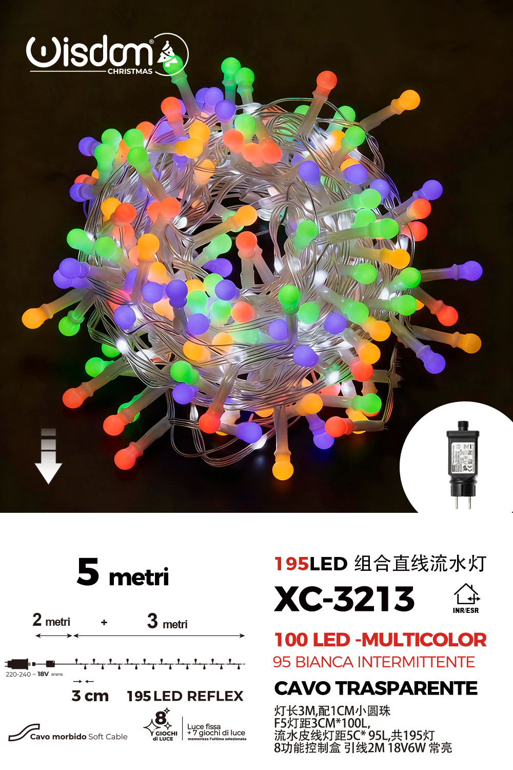 XC-3213 Catena luminosa da 5 metri con 195 LED totali luce multicolor fissa+bianca intermittente con flash per uso interno/esterno - immagine 1