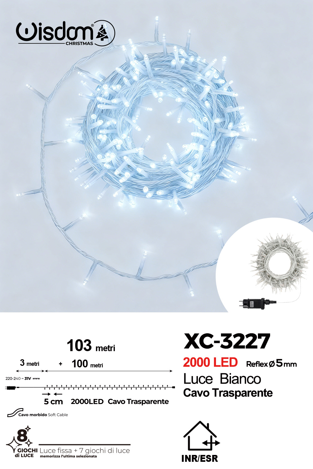 XC-3227 Catena luminosa professionale 2000 LED luce bianca da 103 metri ip44 per uso interno esterno con 8 giochi luce - immagine 1