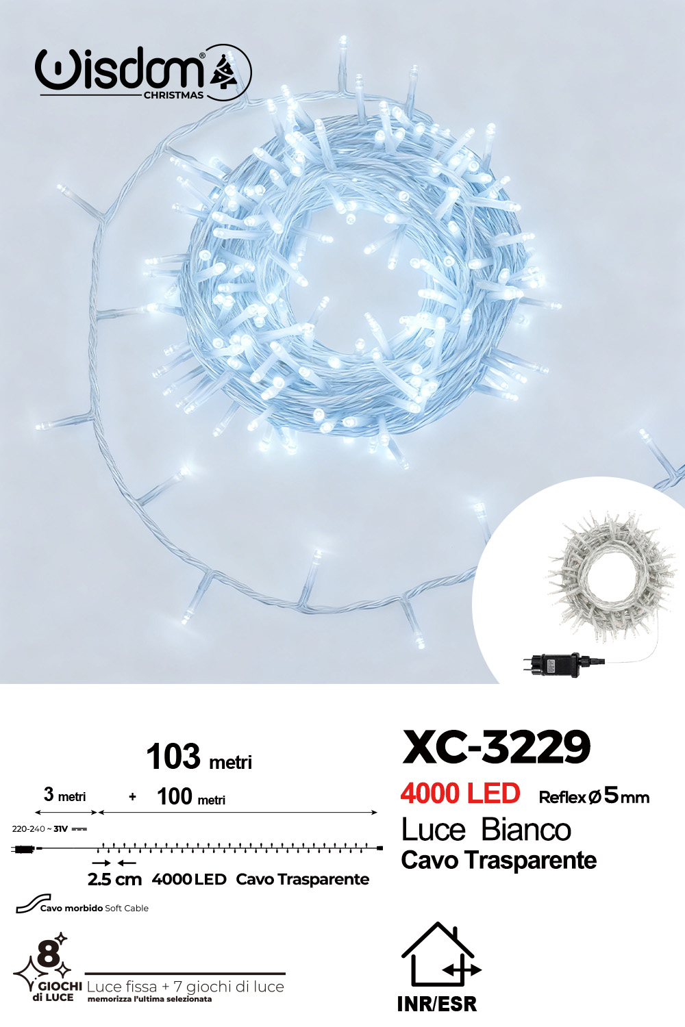 XC-3229 Catena luminosa professionale 4000 LED luce bianca da 103 metri ip44 per uso interno esterno con 8 giochi luce - immagine 1