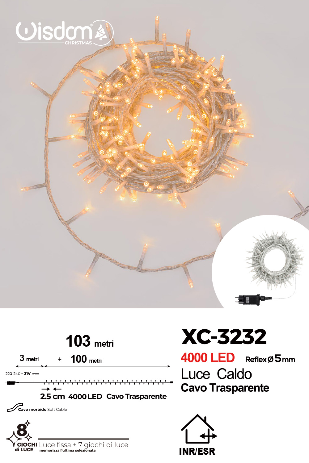 XC-3232 Catena luminosa professionale 4000 LED luce calda da 103 metri ip44 per uso interno esterno con 8 giochi luce - immagine 1
