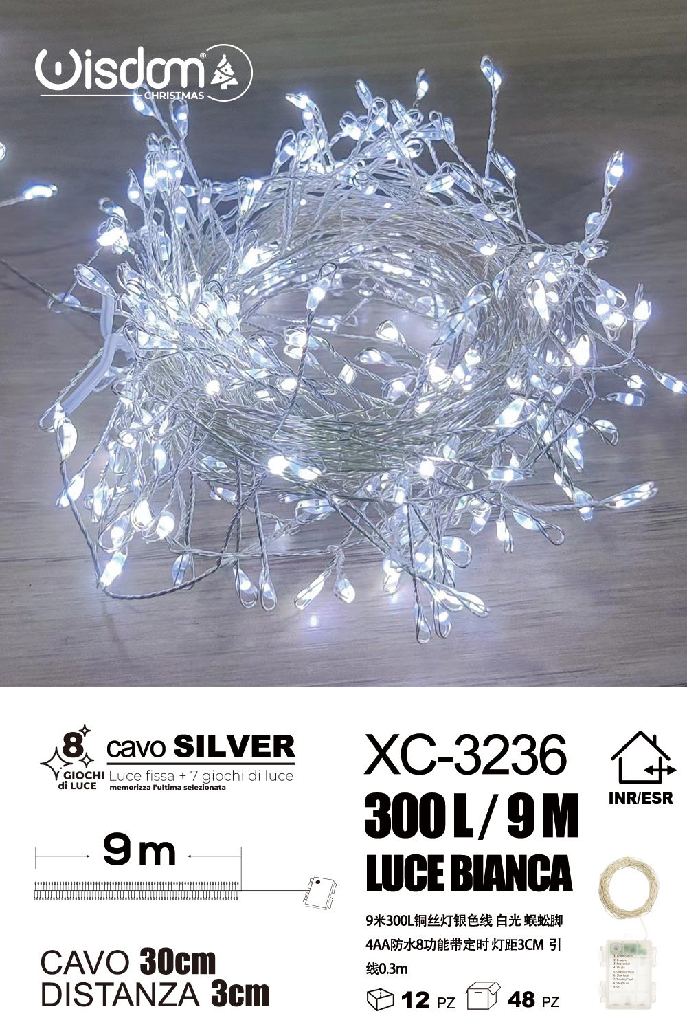 XC-3236 Catena luminosa da 300 microLED luce bianca 9 metri alimentazione a pile ip44 per uso interno esterno con 8 giochi luce - immagine 1