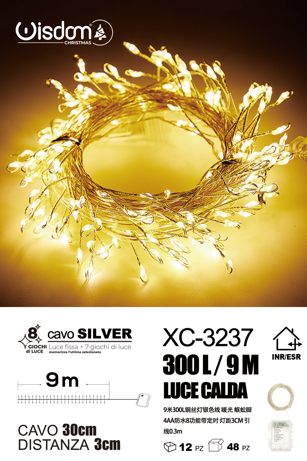XC-3237 Catena luminosa da 300 microLED luce calda 9 metri alimentazione a pile ip44 per uso interno esterno con 8 giochi luce - immagine 1