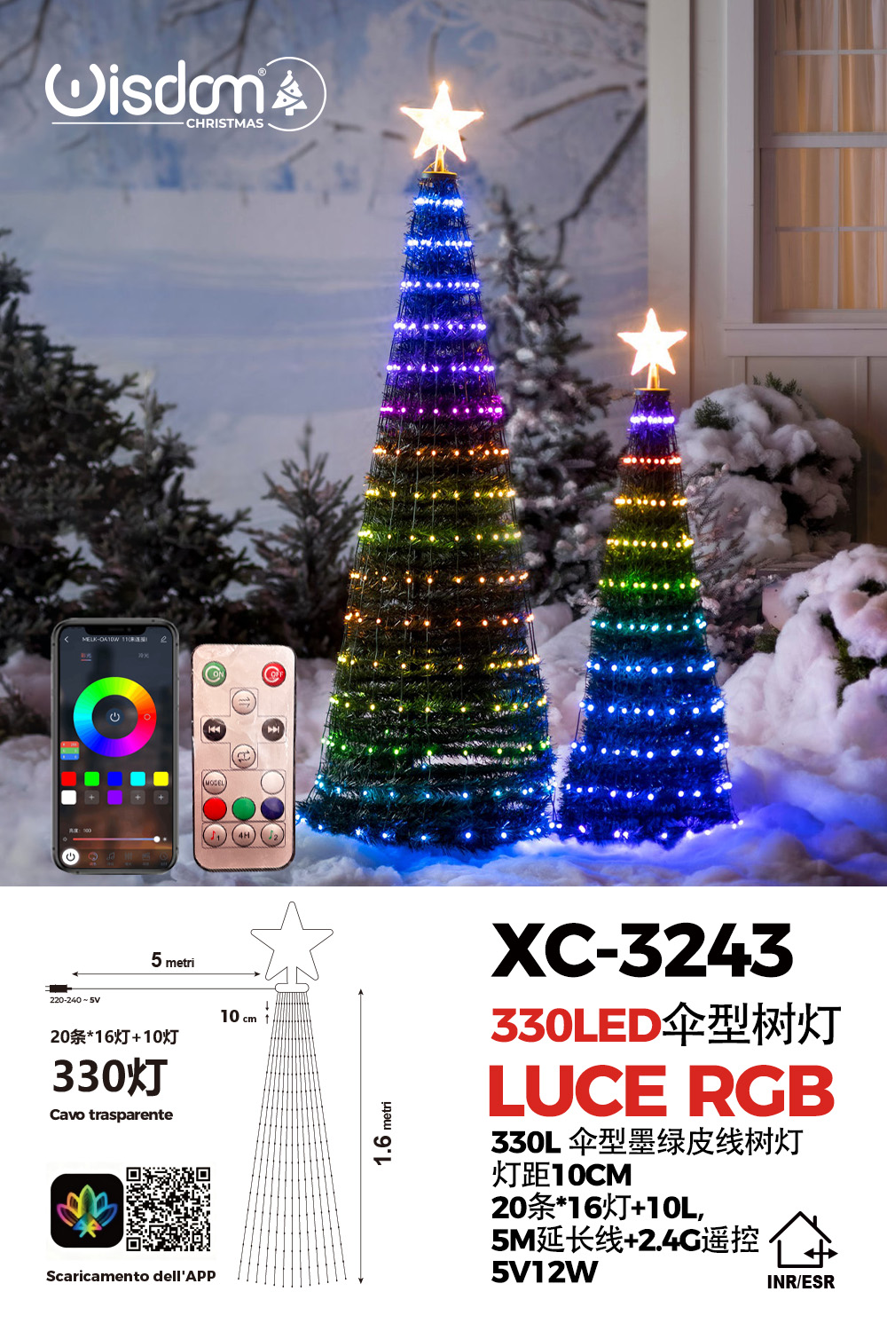 XC-3243 Albero di Natale altezza 1,6 metri con illuminazione smart 330 luci LED controllo tramite app o telecomando - immagine 1
