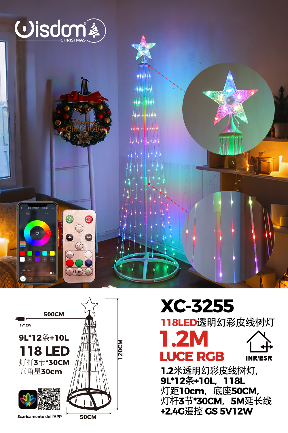 XC-3255 Albero di natale smart conico luminoso altezza 1,2 metri con 118 luci colorate LED RGB per uso interno/esterno - immagine 1
