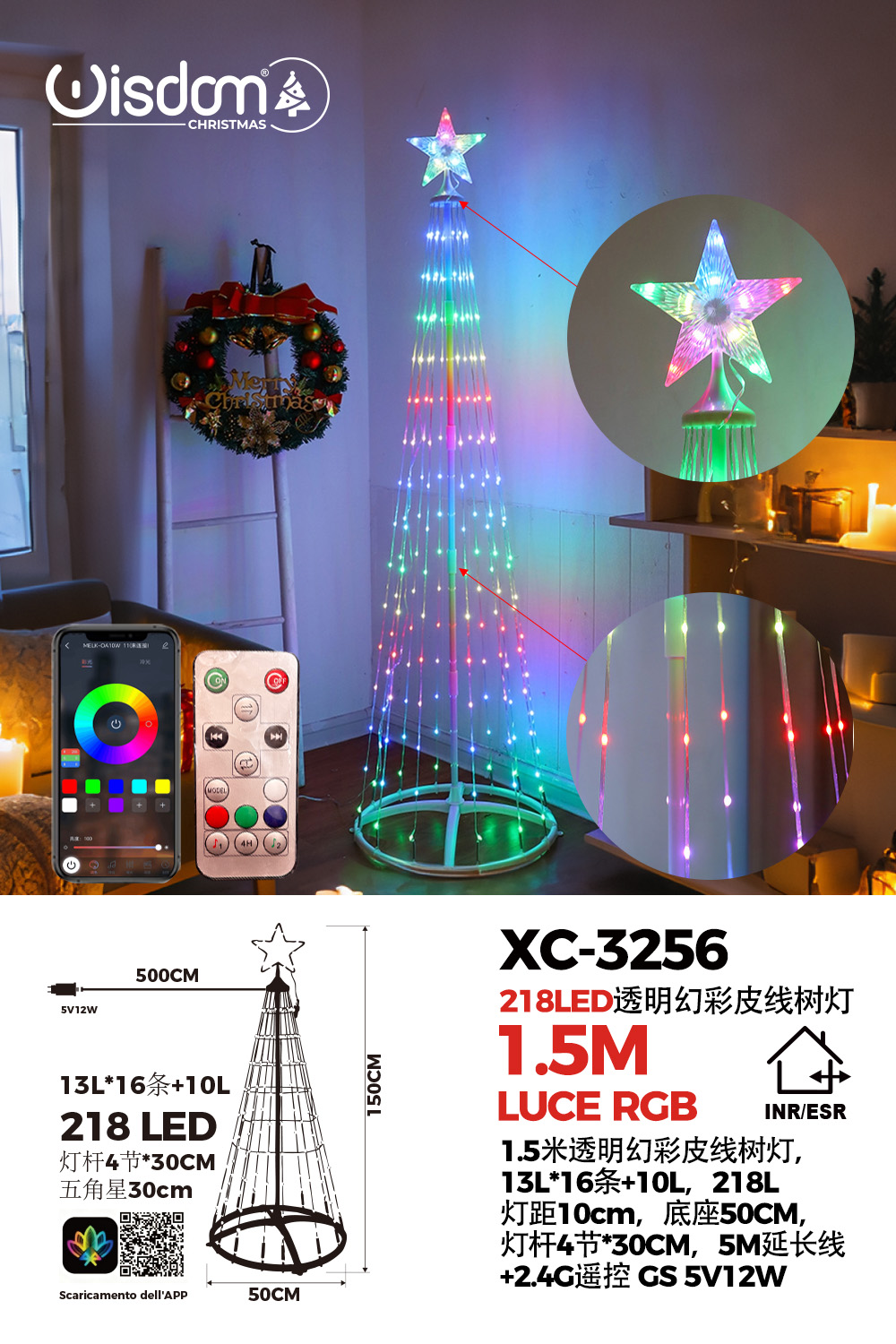 XC-3256 Albero di natale smart conico luminoso altezza 1,5 metri con 218 luci colorate LED RGB per uso interno/esterno - immagine 1