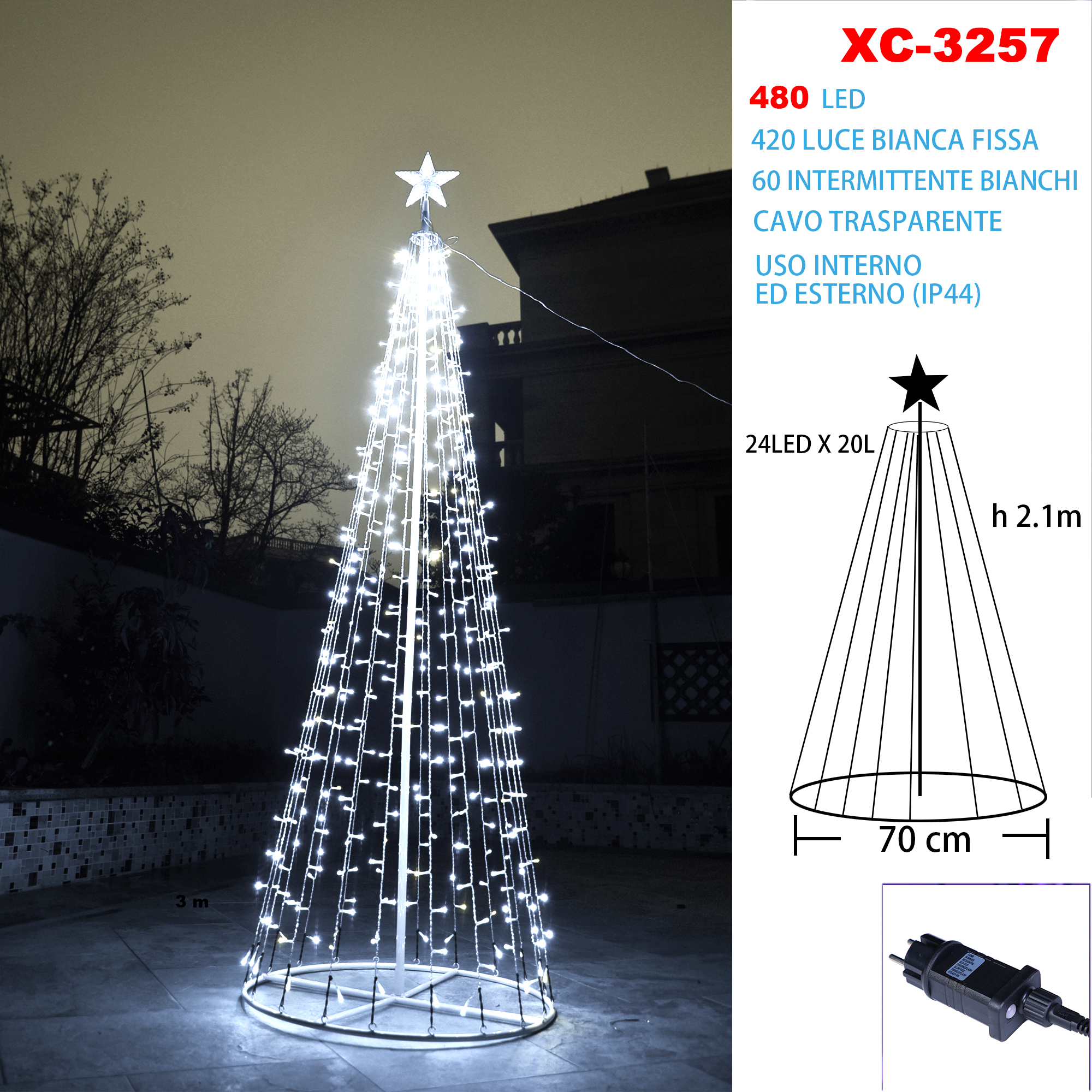 XC-3257 Albero luminoso di natale a spirale da 480 LED luce fredda con flash intermittente altezza 2,1 metri indicato per uso interno/esterno IP44 - immagine 1