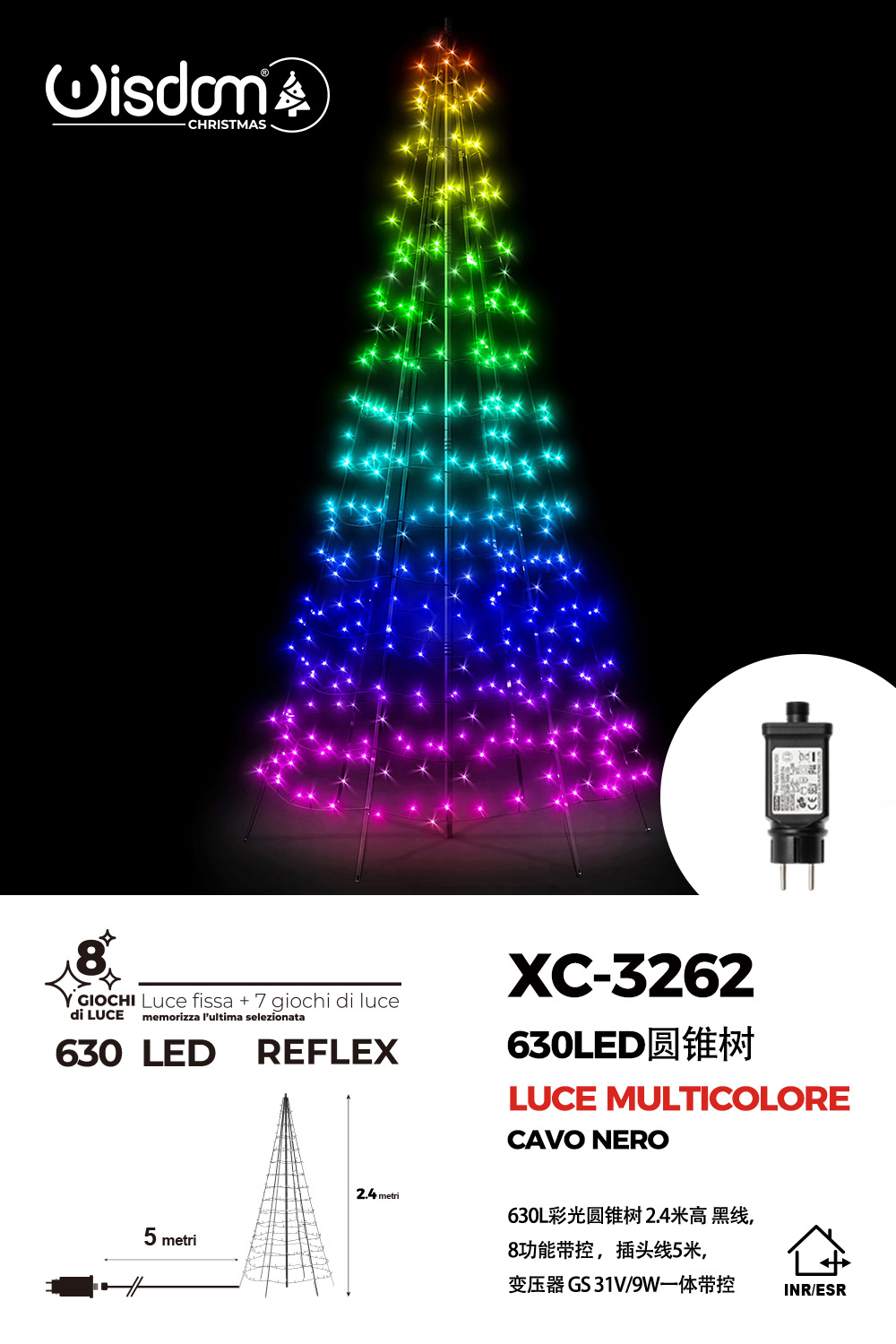 XC-3262 Albero di natale conico luminoso altezza 2,4 metri con 630 LED REFLEX RGB per uso interno/esterno 8 giochi luce - immagine 1