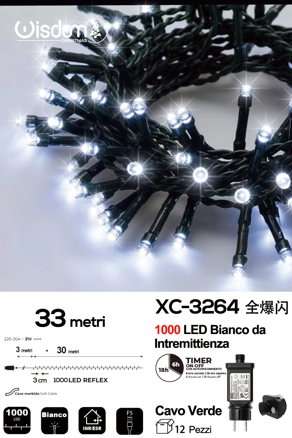XC-3264 Catena luminosa da 33 metri con 1000LED REFLEX luce fredda con flash intermittenza per uso interno/esterno funzione timer on/off - immagine 1