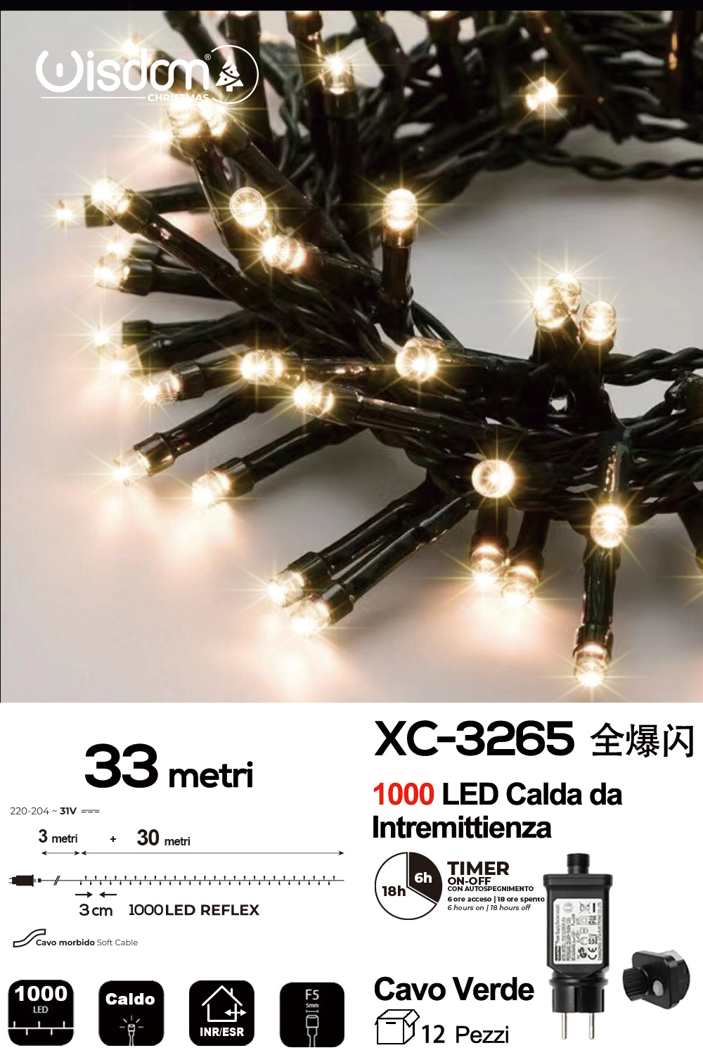 XC-3265 Catena luminosa da 33 metri con 1000LED REFLEX luce calda con flash intermittenza per uso interno/esterno funzione timer on/off - immagine 1