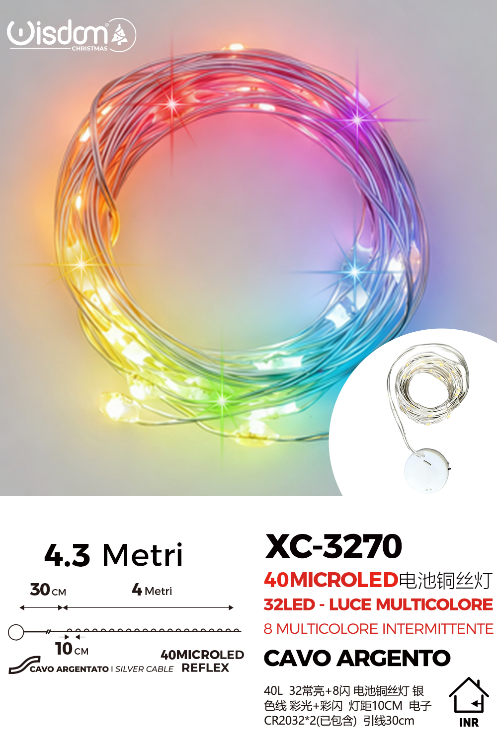XC-3270 Catena luminosa 40 microLED REFLEX da 4,3 metri (32LED luce multicolor + 8luce multicolor intermittente alimentazione a pile per uso interno - immagine 1