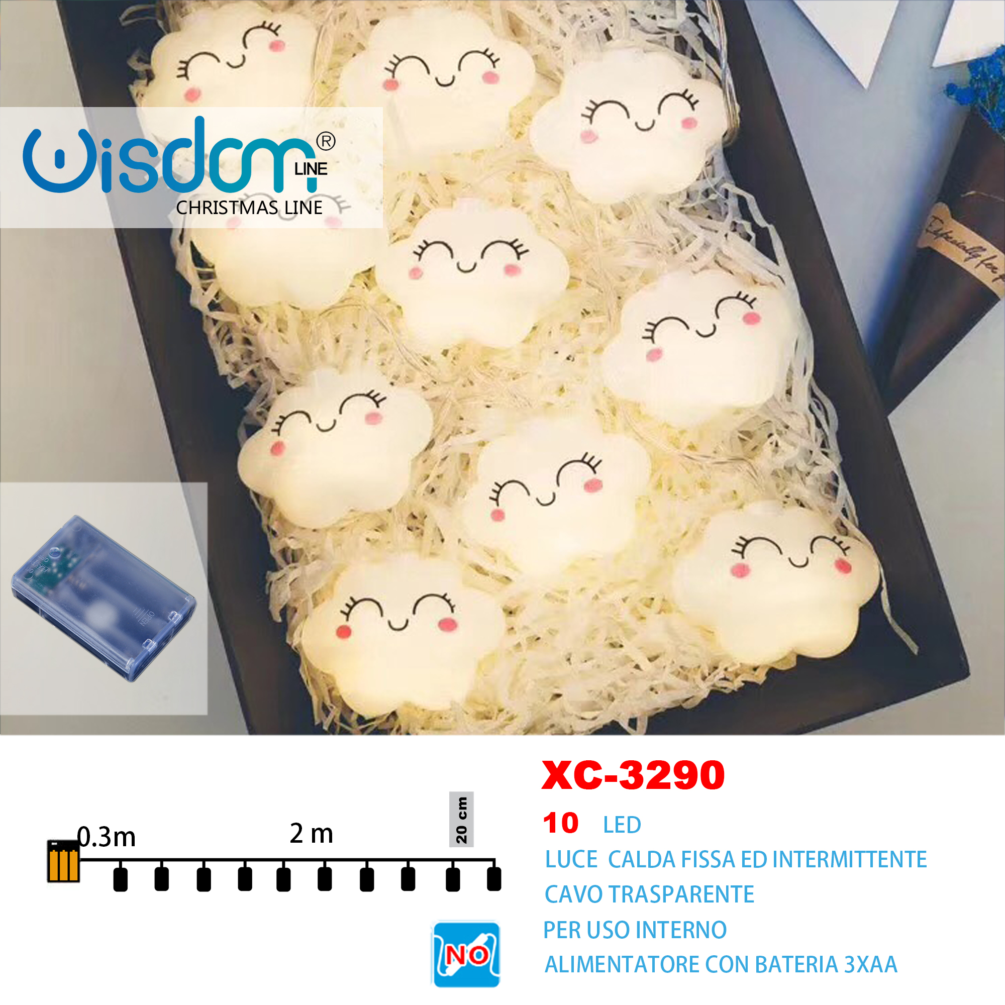 XC-3290 Pendente luminoso Natalizio 2 metri a forma di nuvolette luminose 10 LED luce calda fissa e intermittente alimentazione a batterie (non incluse) uso interno - immagine 1