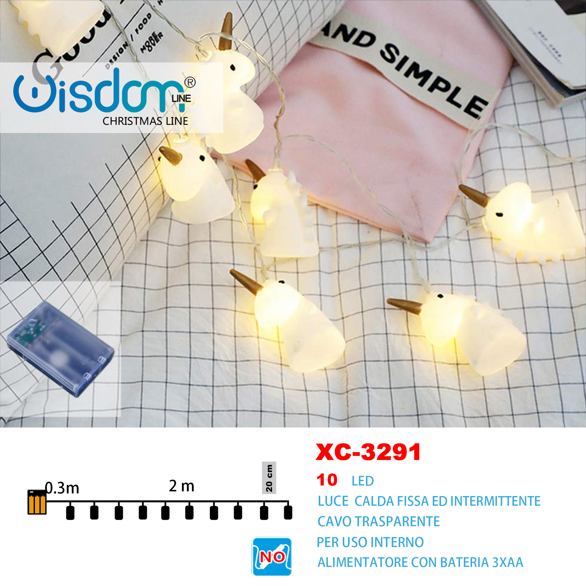 XC-3291 Pendente luminoso Natalizio 2 metri a forma di unicorni luminosi 10 LED luce calda alimentazione a batterie (non incluse) uso interno - immagine 1