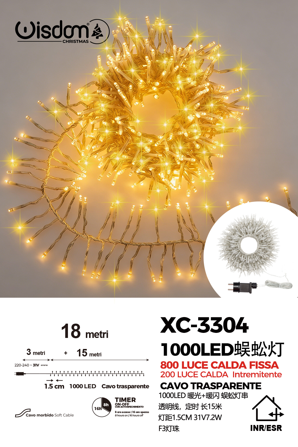 XC-3304 Catena luminosa da 18 metri con 1000 LED luce calda 800LED luce fissa 200LED luce intermittente flash per uso interno/esterno funzione timer on/off - immagine 1