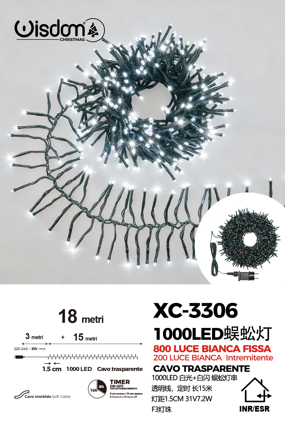XC-3306 Catena luminosa da 18 metri con 1000 LED luce fredda 800LED luce fissa 200LED luce intermittente flash per uso interno/esterno funzione timer on/off 8 giochi di luce - immagine 1