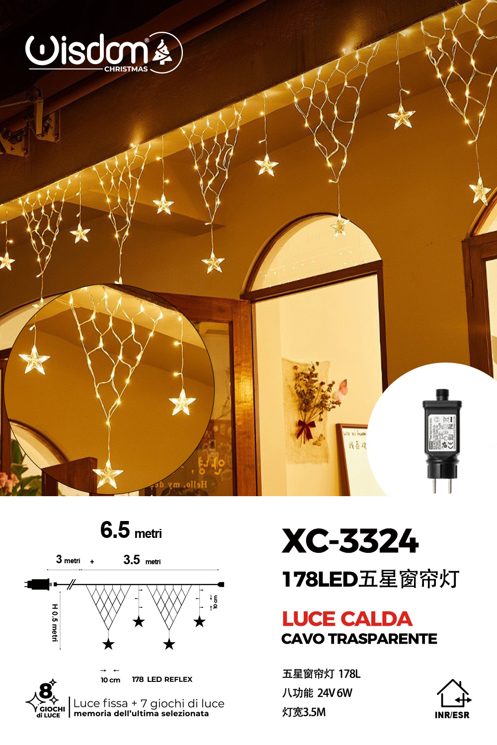 XC-3324 Tenda luminosa da 6,5 metri a forma di stelle natalizie con 8 LED luce calda alimentazione a corrente per uso interno/esterno con 8 giochi luce - immagine 1