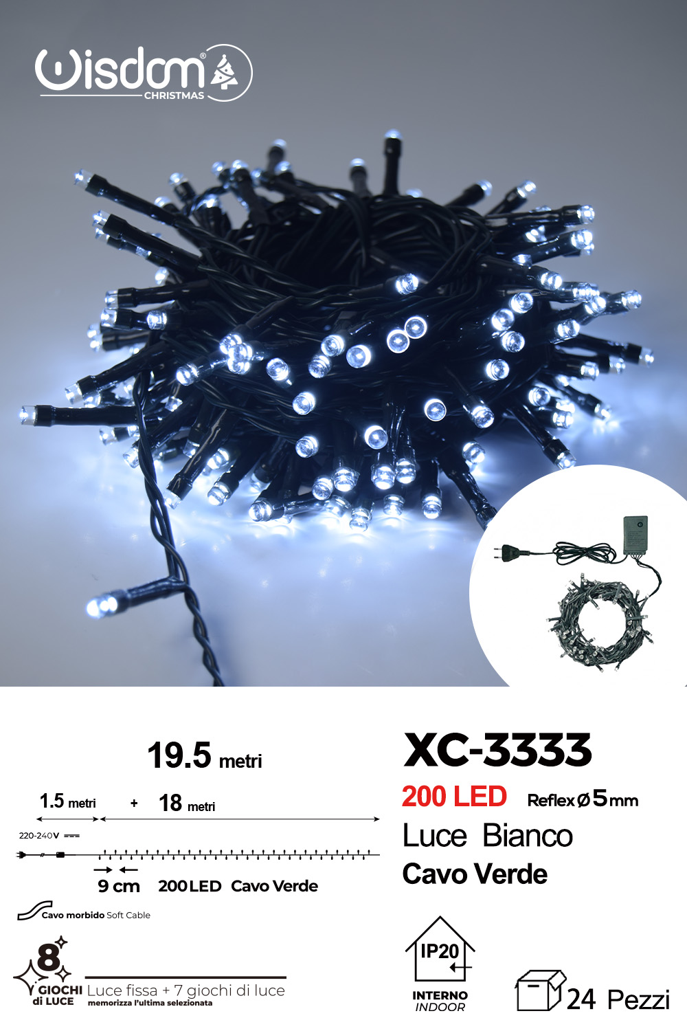 XC-3333 Catena luminosa da 19,5 metri con 200 LED luce fredda per uso interno 8 giochi luce - immagine 1