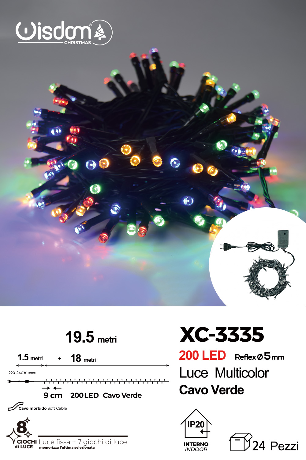 XC-3335 Catena luminosa da 19,5 metri con 200 LED luce multicolor per uso interno 8 giochi luce - immagine 1