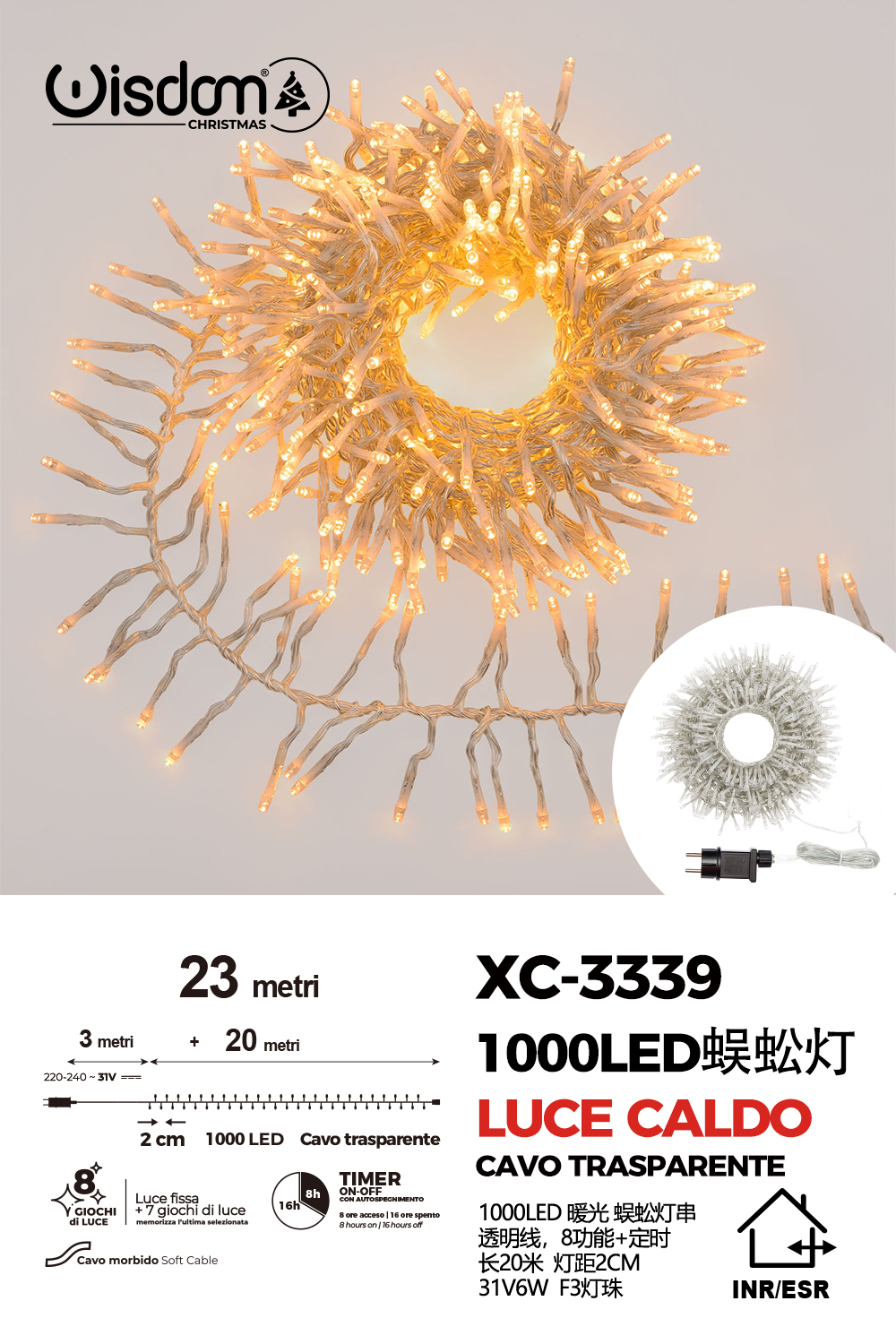 XC-3339 Catena luminosa da 23 metri con 1000 LED luce calda per uso interno/esterno funzione timer on/off 8 giochi di luce - immagine 1