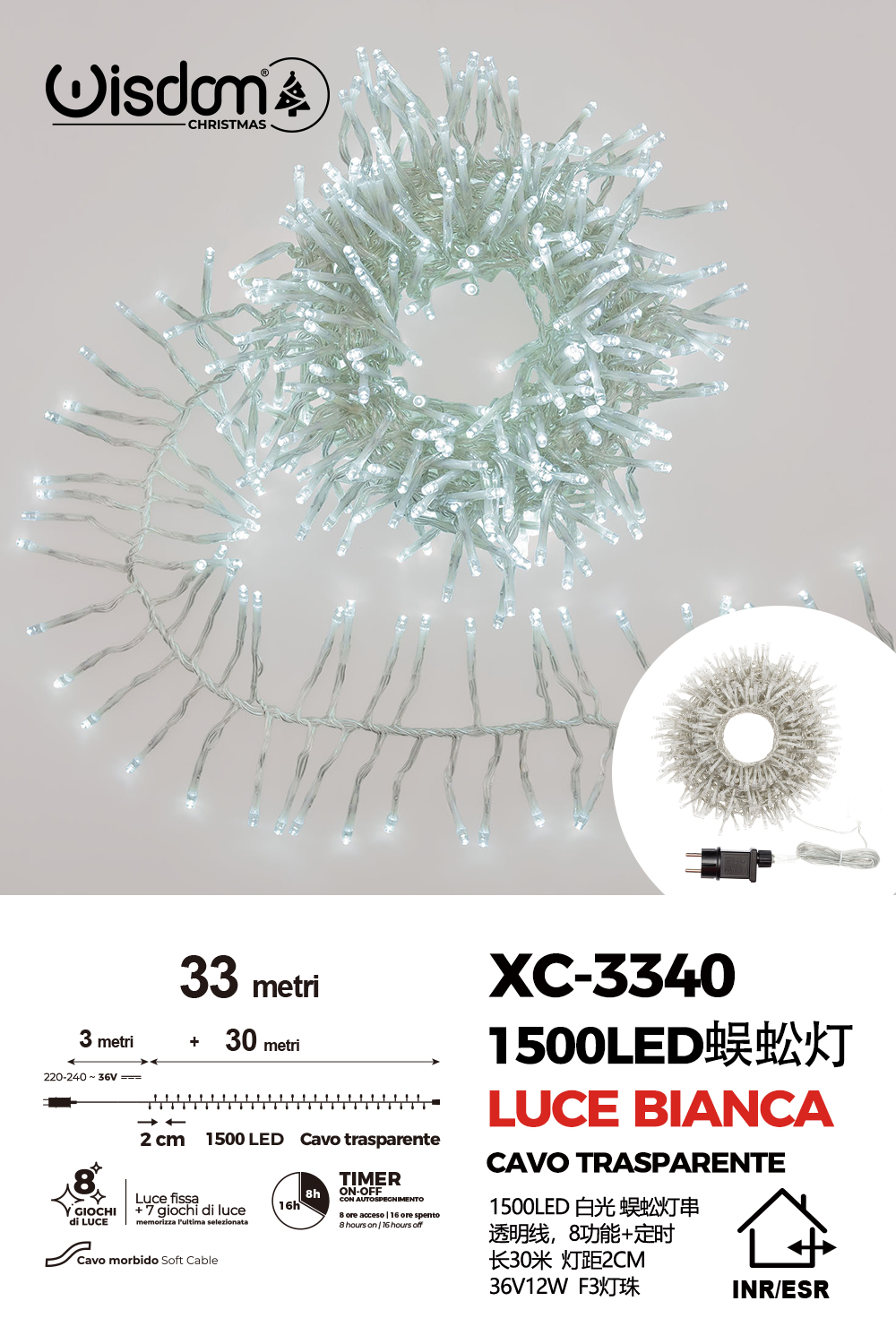 XC-3340 Catena luminosa da 33 metri con 1500 LED luce fredda per uso interno/esterno funzione timer on/off 8 giochi di luce - immagine 1