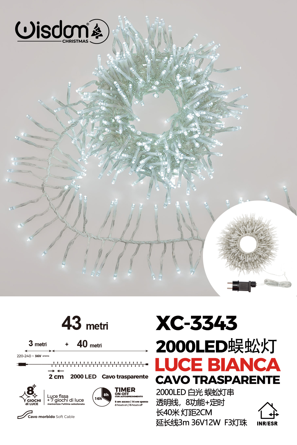 XC-3343 Catena luminosa da 43 metri con 2000 LED luce fredda per uso interno/esterno funzione timer on/off 8 giochi di luce - immagine 1
