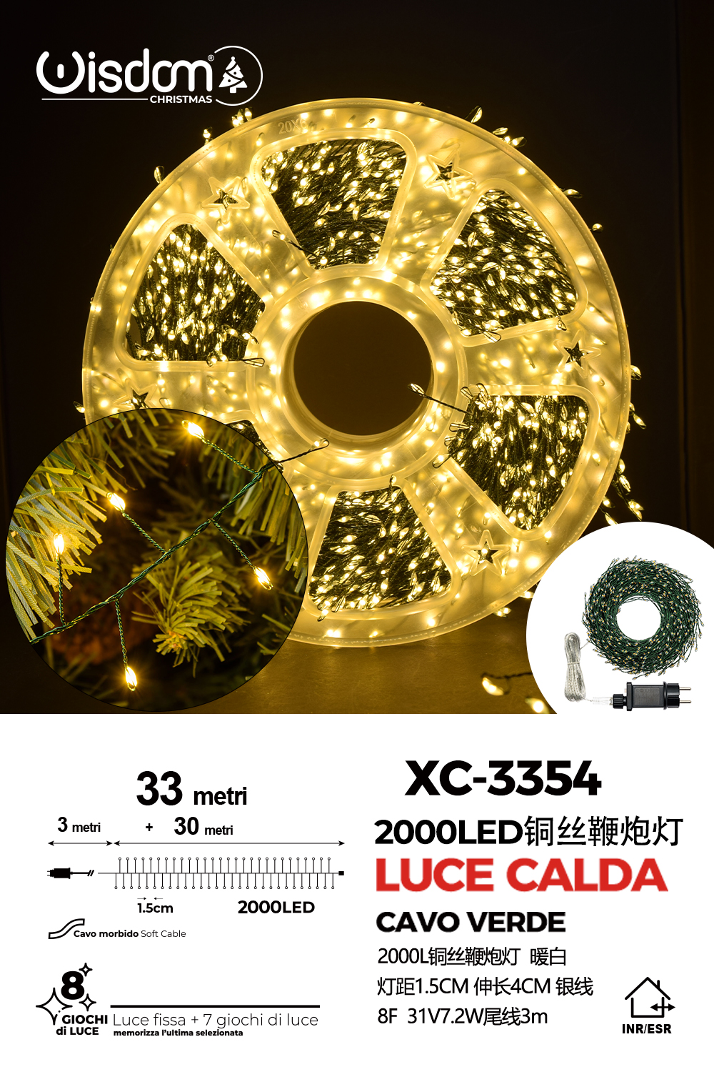 XC-3354 Catena luminosa 2000 micro LED luce calda da 33 metri con 8 giochi luce per uso interno/esterno - immagine 1