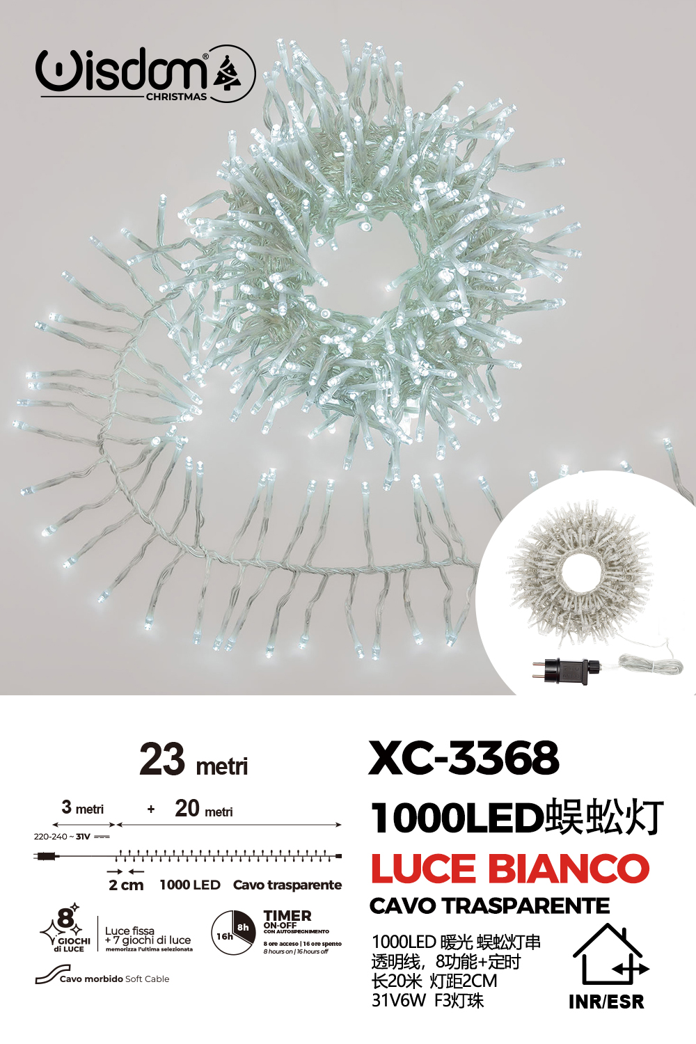 XC-3368 Catena luminosa da 23 metri con 1000 LED luce fredda per uso interno/esterno funzione timer on/off 8 giochi di luce - immagine 1