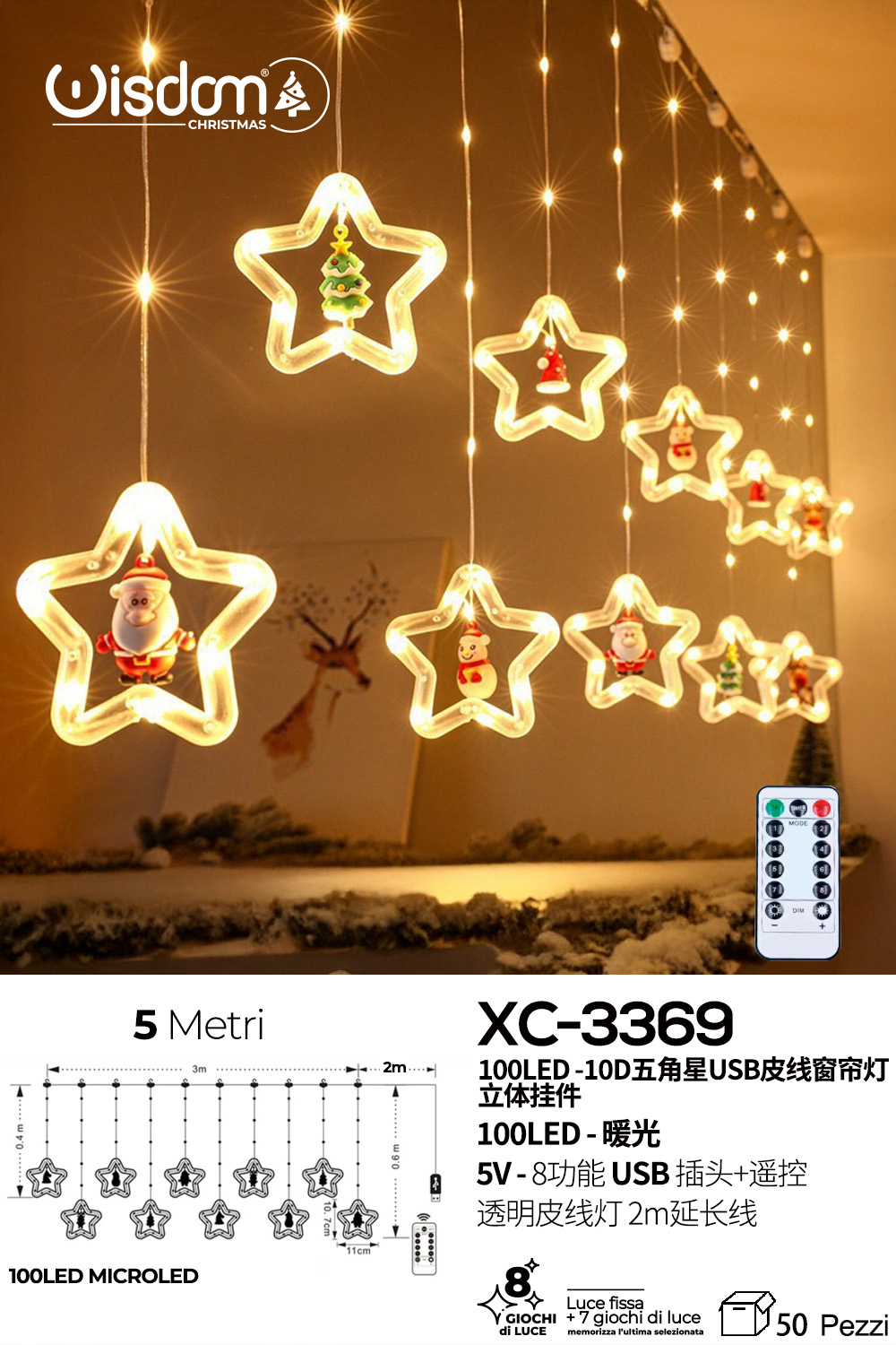 XC-3369 Tenda luminosa a forma di stelle e figure natalizie luce LED calda alimentazione tramite usb - immagine 1