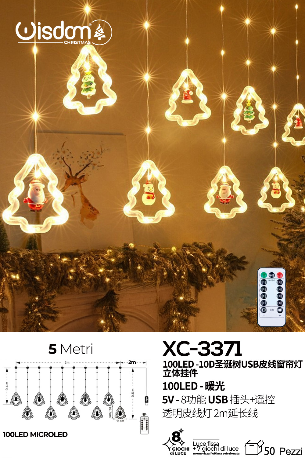 XC-3371 Tenda luminosa da 5 metri a forma di alberi e figure natalizie luce LED calda alimentazione tramite usb e controllo telecomando - immagine 1