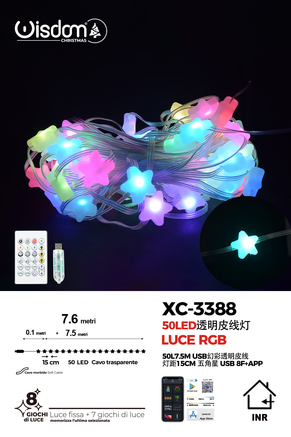 XC-3388 Ghirlanda luminosa 50 micro LED luce RGB con 8 giochi luce controllo tramite app - immagine 1