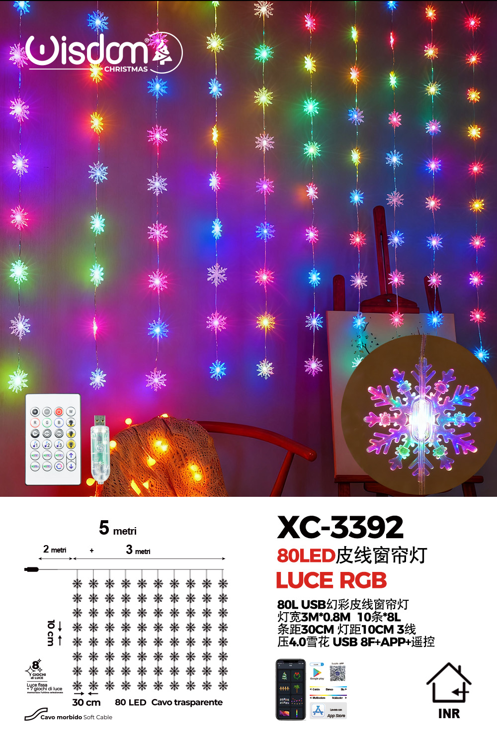 XC-3392 Tenda luminosa con fiocchi di neve illuminati 80 LED RGB controllo tramite app o telecomando - immagine 1