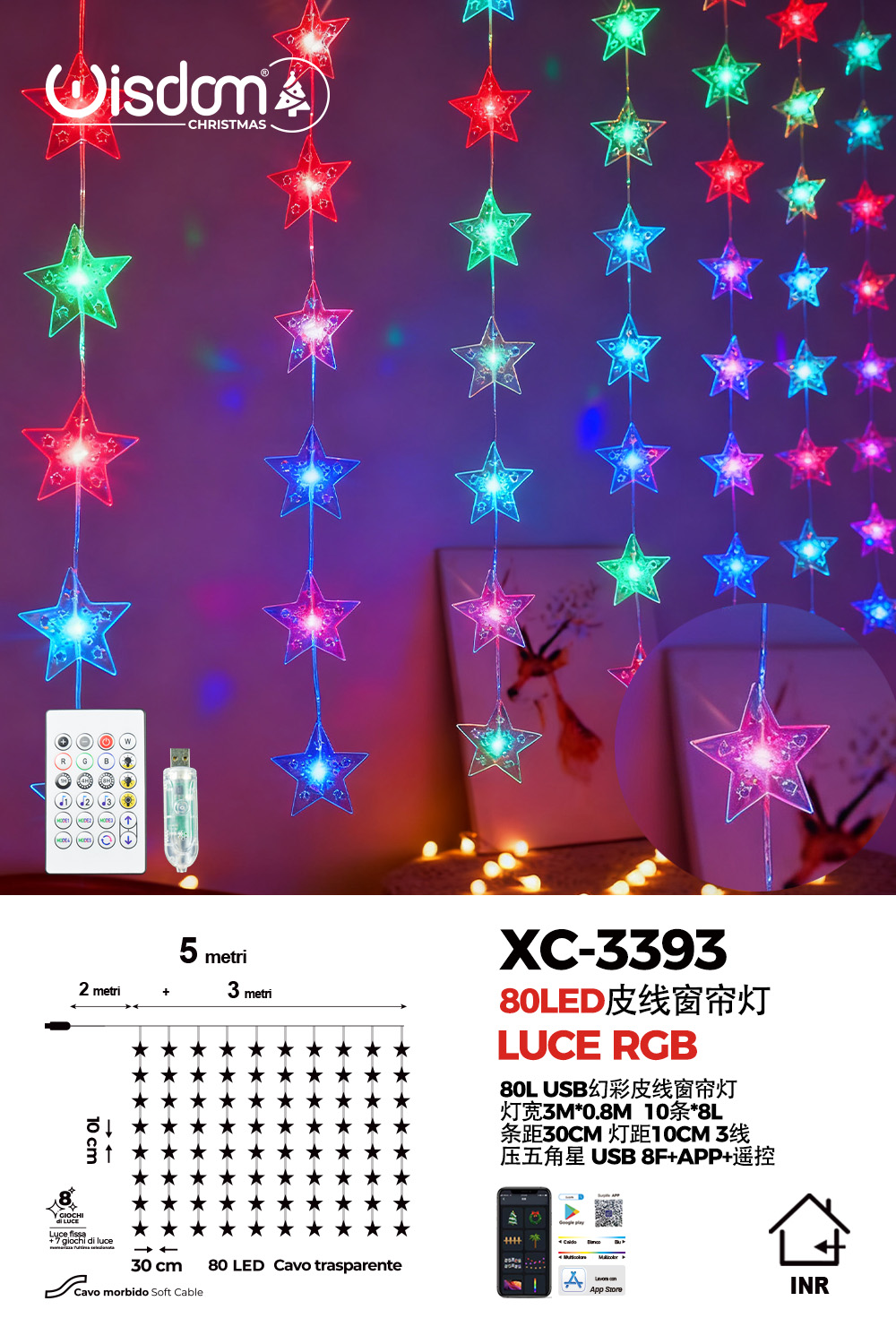 XC-3393 Tenda stella luminosa da 80LED RGB per decorazioni natalizie controllo tramite app o telecomando - immagine 1