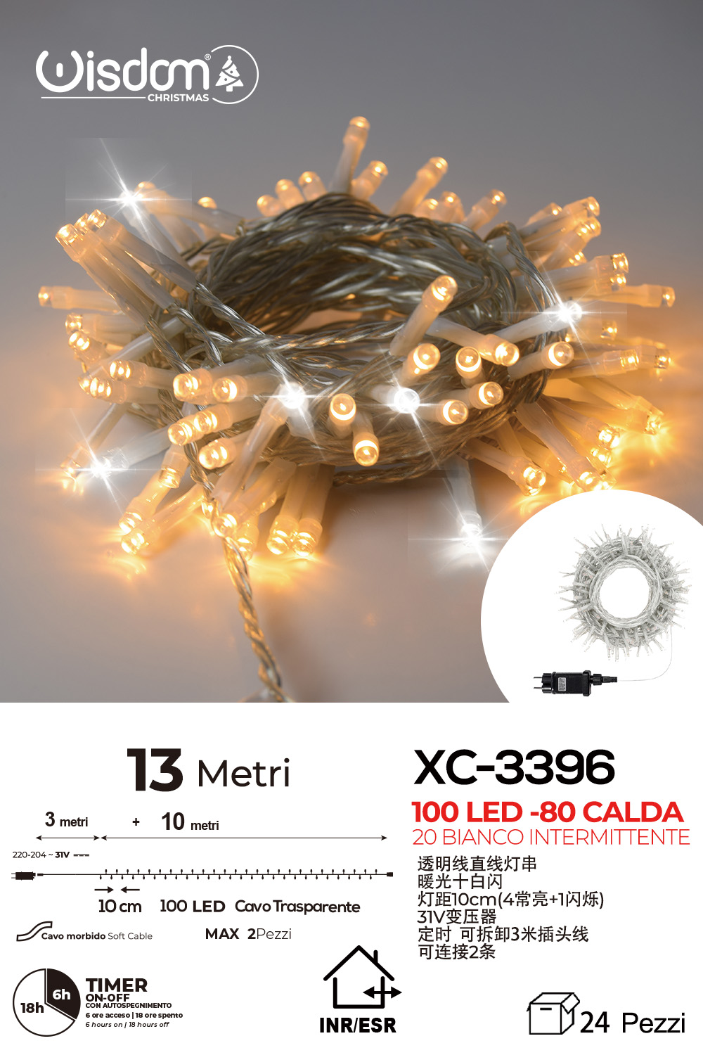 XC-3396 Catena luminosa da 13 metri con 100 LED totali luce calda fissa+bianca intermittente con flash per uso interno/esterno funzione timer on/off - immagine 1