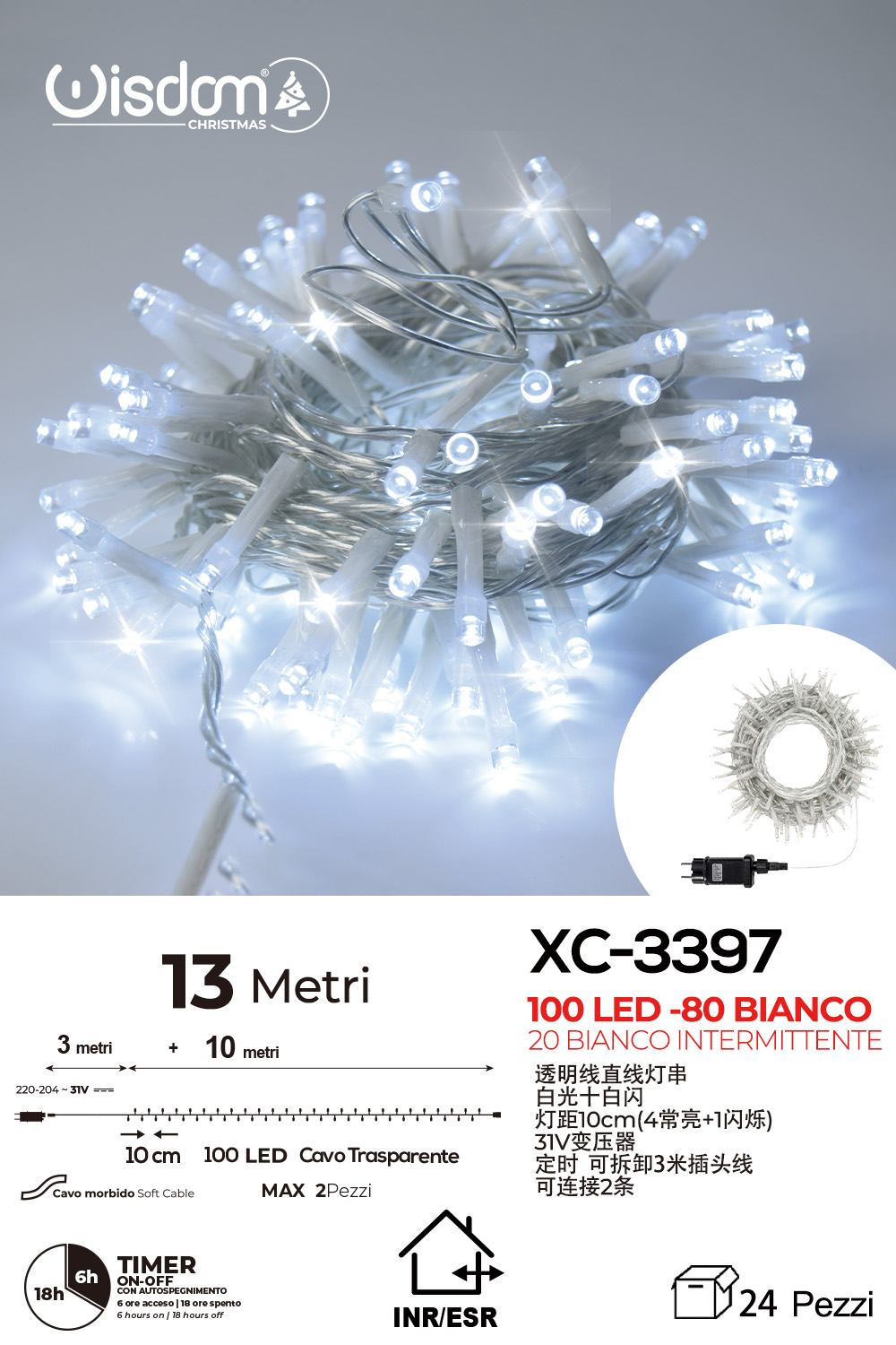 XC-3397 Catena luminosa da 13 metri con 100 LED totali luce fredda fissa+intermittente con flash per uso interno/esterno funzione timer on/off - immagine 1