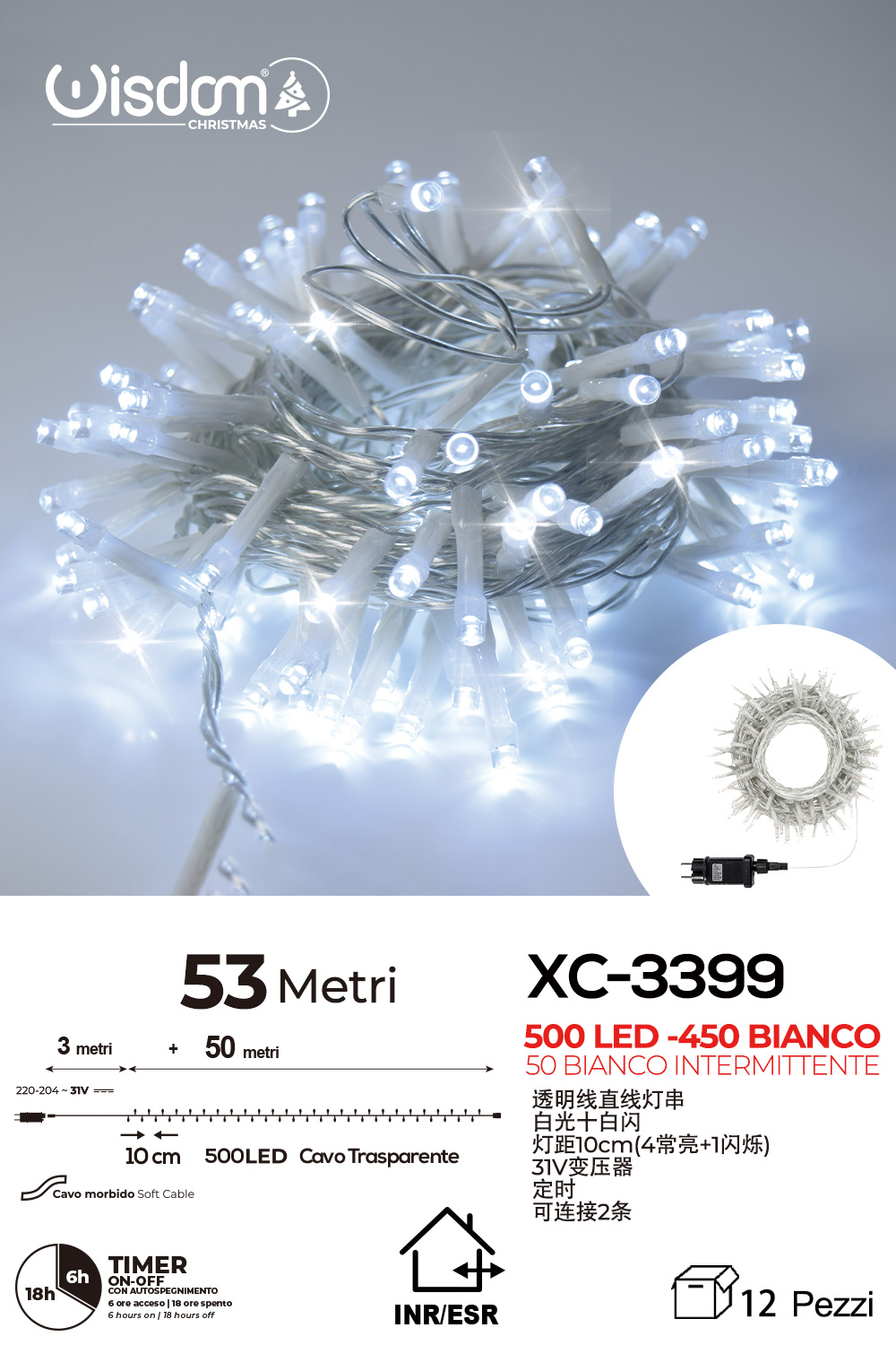 XC-3399 Catena luminosa da 53 metri con 500 LED totali luce fredda fissa+intermittente con flash per uso interno/esterno funzione timer on/off - immagine 1