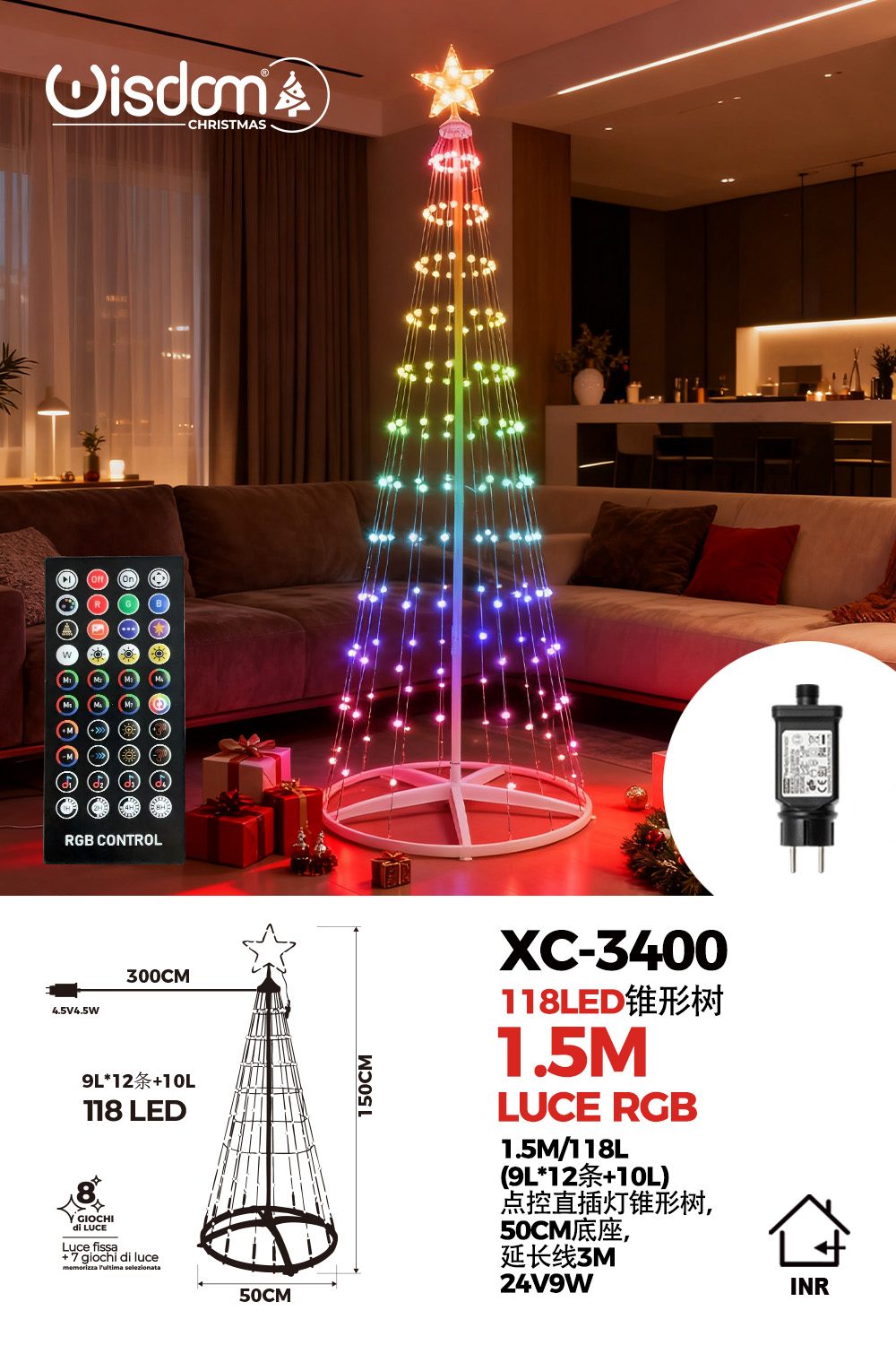 XC-3400 Albero di natale conico luminoso altezza 1,5 metri con 118 luci colorate LED RGB per uso interno/esterno 8 giochi luce - immagine 1