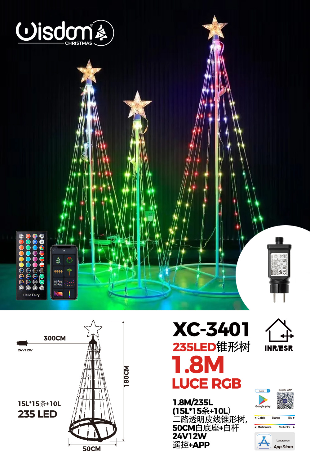 XC-3401 Albero di natale conico luminoso altezza 1,8 metri con 235 luci colorate LED RGB per uso interno/esterno controllo con telecomando - immagine 1
