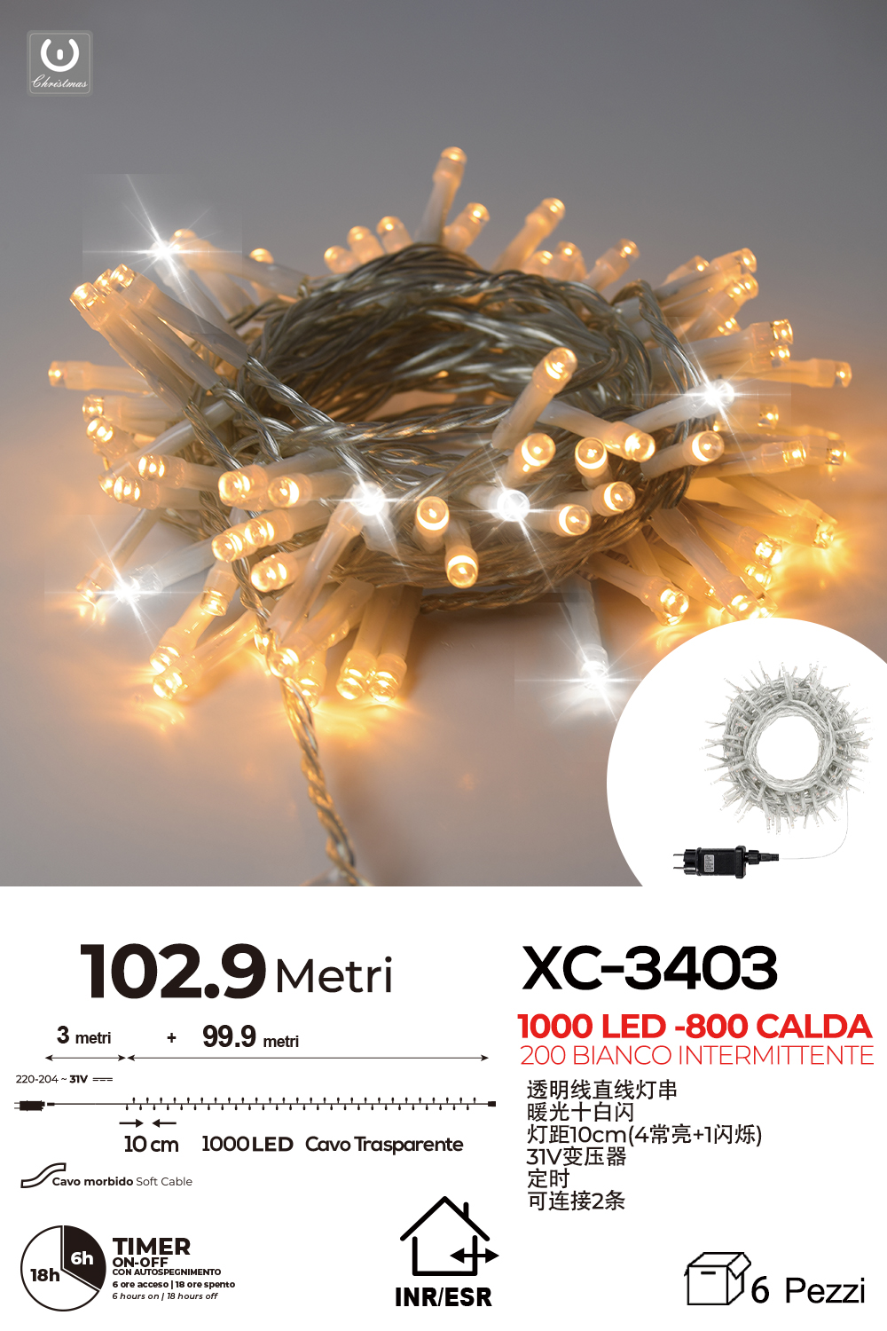 XC-3403 Catena luminosa da 103 metri con 1000 LED totali luce calda fissa+ luce fredda con flash per uso interno/esterno funzione timer on/off - immagine 1