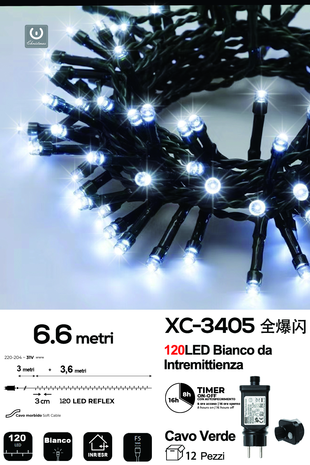 XC-3405 Catena luminosa da 6,6 metri con 120 LED REFLEX luce fredda flash intermittenza per uso interno/esterno funzione timer on/off 8 giochi luce - immagine 1