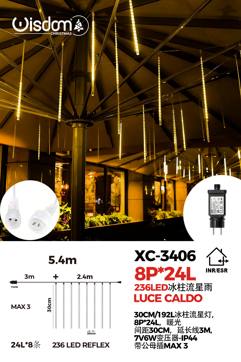 XC-3406 Tenda luminosa da 5,4 metri decorativa natalizia a forma di ghiaccioli con effetto pioggia 236 LED REFLEX luce calda adatto per uso interno/esterno IP44 - immagine 1