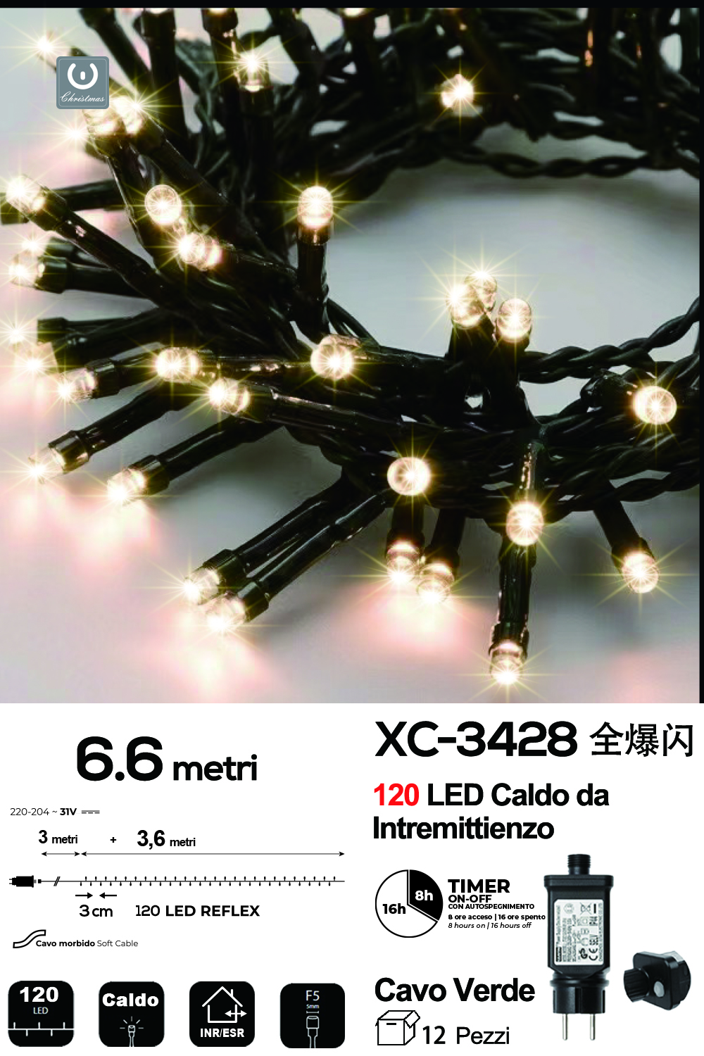 XC-3428 Catena luminosa da 6,6 metri con 120 LED REFLEX luce calda flash intermittenza per uso interno/esterno funzione timer on/off 8 giochi luce - immagine 1