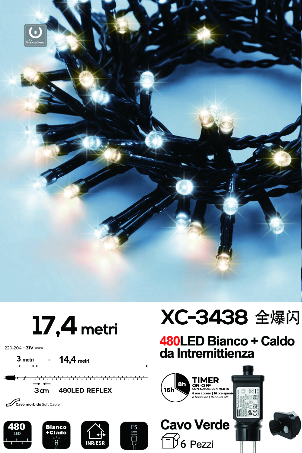XC-3438 Catena luminosa da 17,4 metri con 480LED REFLEX luce fredda+luce calda con flash intermittenza per uso interno/esterno funzione timer on/off - immagine 1