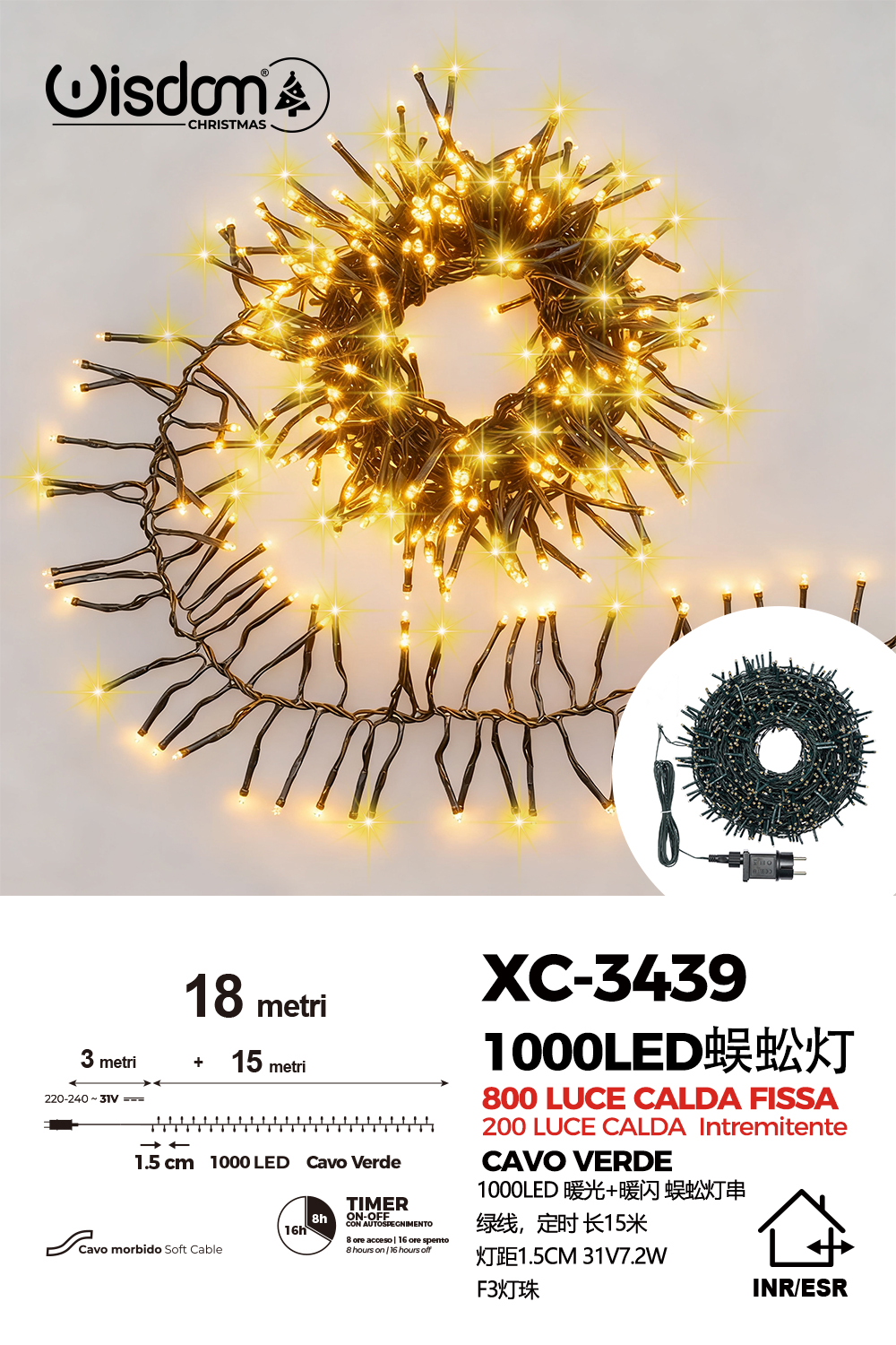 XC-3439 Catena luminosa da 18 metri con 1000 LED luce calda 800LED luce fissa 200LED luce intermittente flash per uso interno/esterno funzione timer on/off 8 giochi di luce - immagine 1