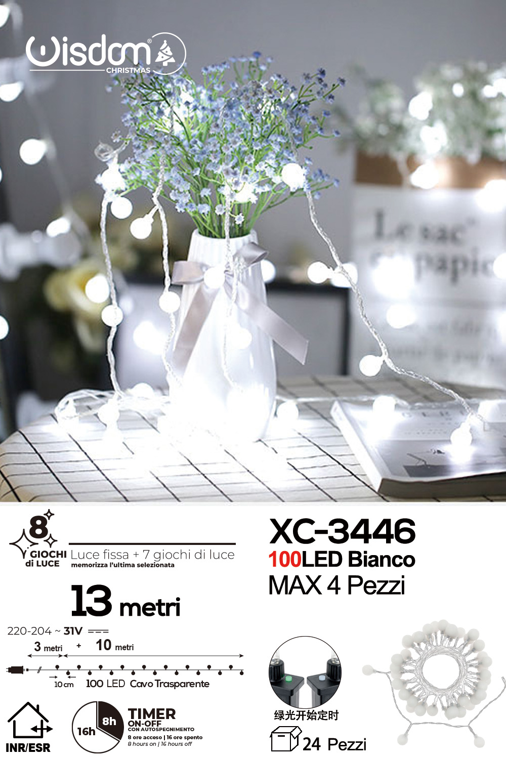 XC-3446 Catena luminosa da 13 metri a forma di perline con 100LED REFLEX luce fredda per uso interno/esterno 8 giochi luce - immagine 1