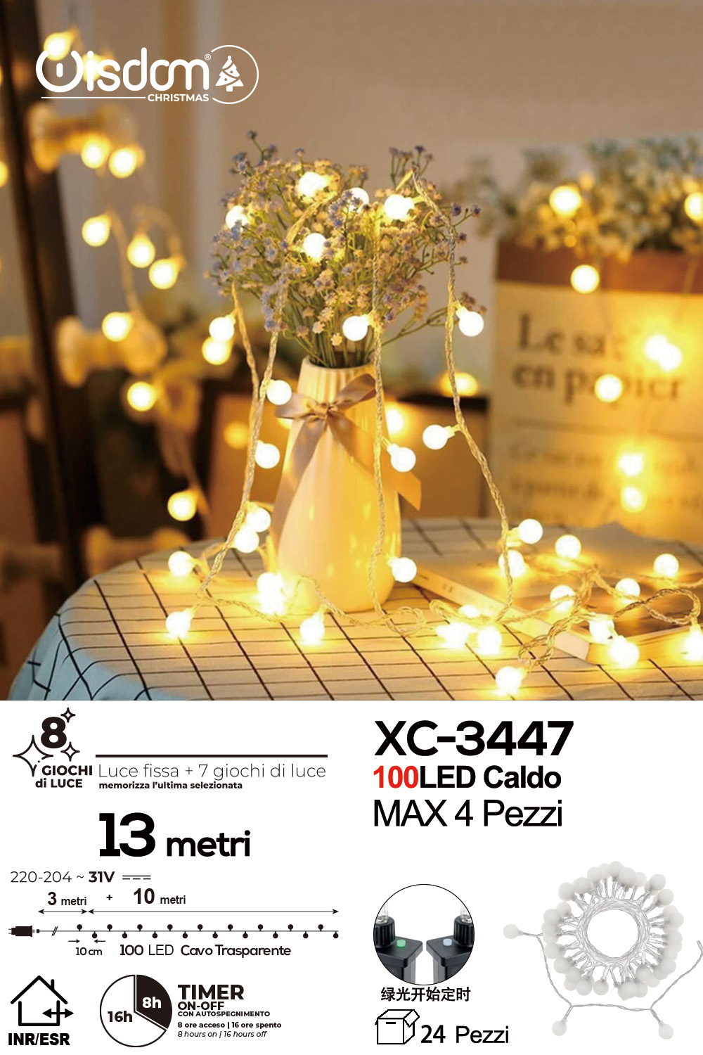XC-3447 Catena luminosa da 13 metri a forma di perline con 100LED REFLEX luce calda per uso interno/esterno 8 giochi luce - immagine 1
