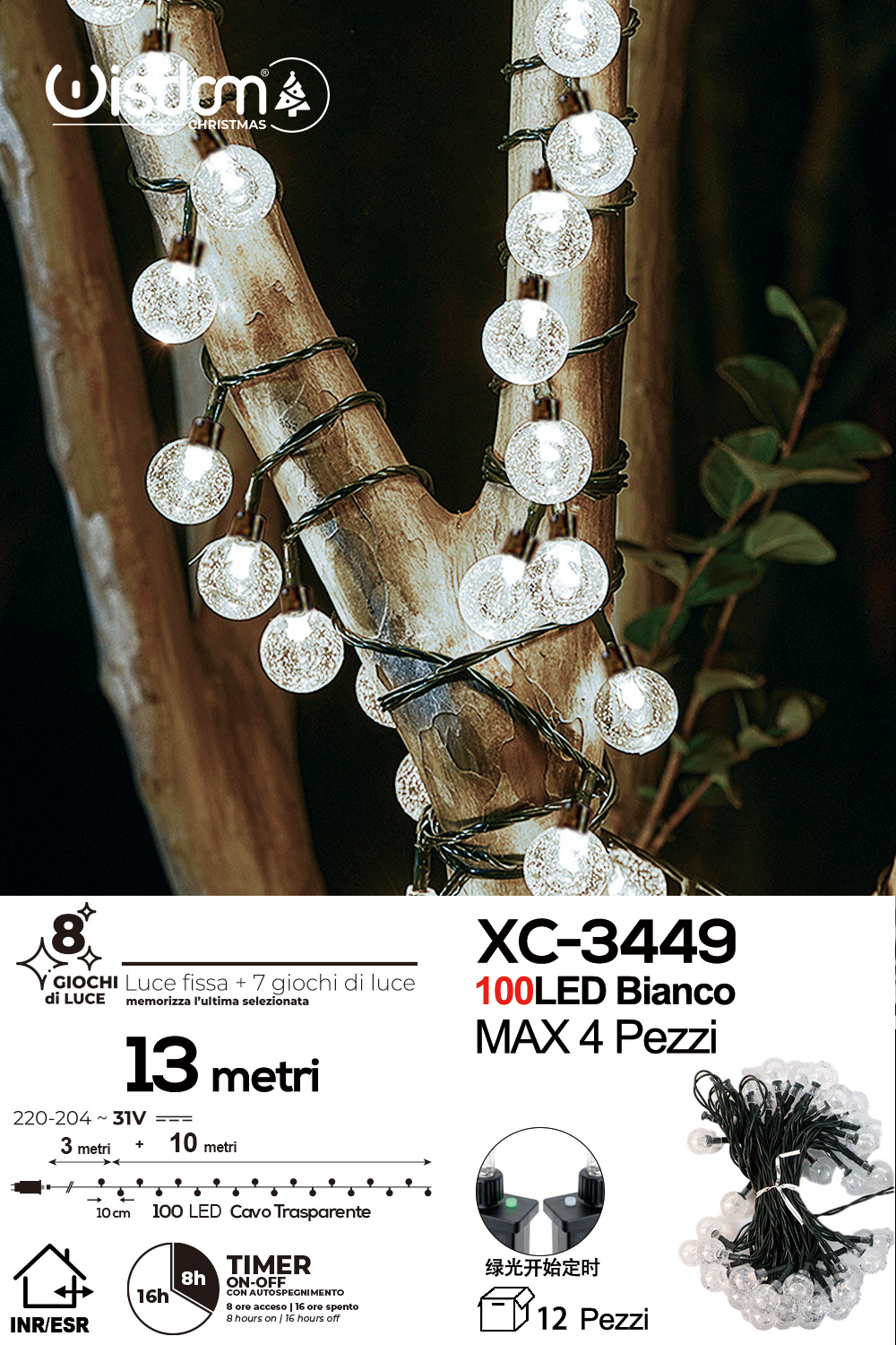 XC-3449 Catena luminosa da 13 metri a forma di perline con 100 LED luce fredda per uso interno/esterno 8 giochi luce - immagine 1