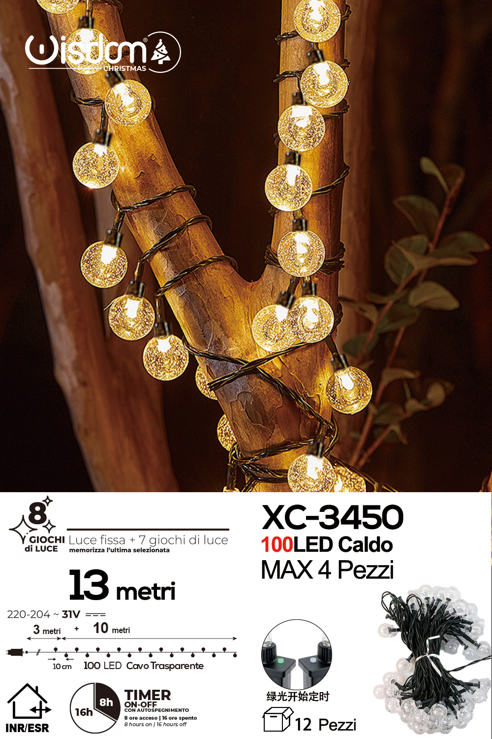 XC-3450 Catena luminosa da 13 metri a forma di perline con 100 LED luce calda per uso interno/esterno 8 giochi luce - immagine 1