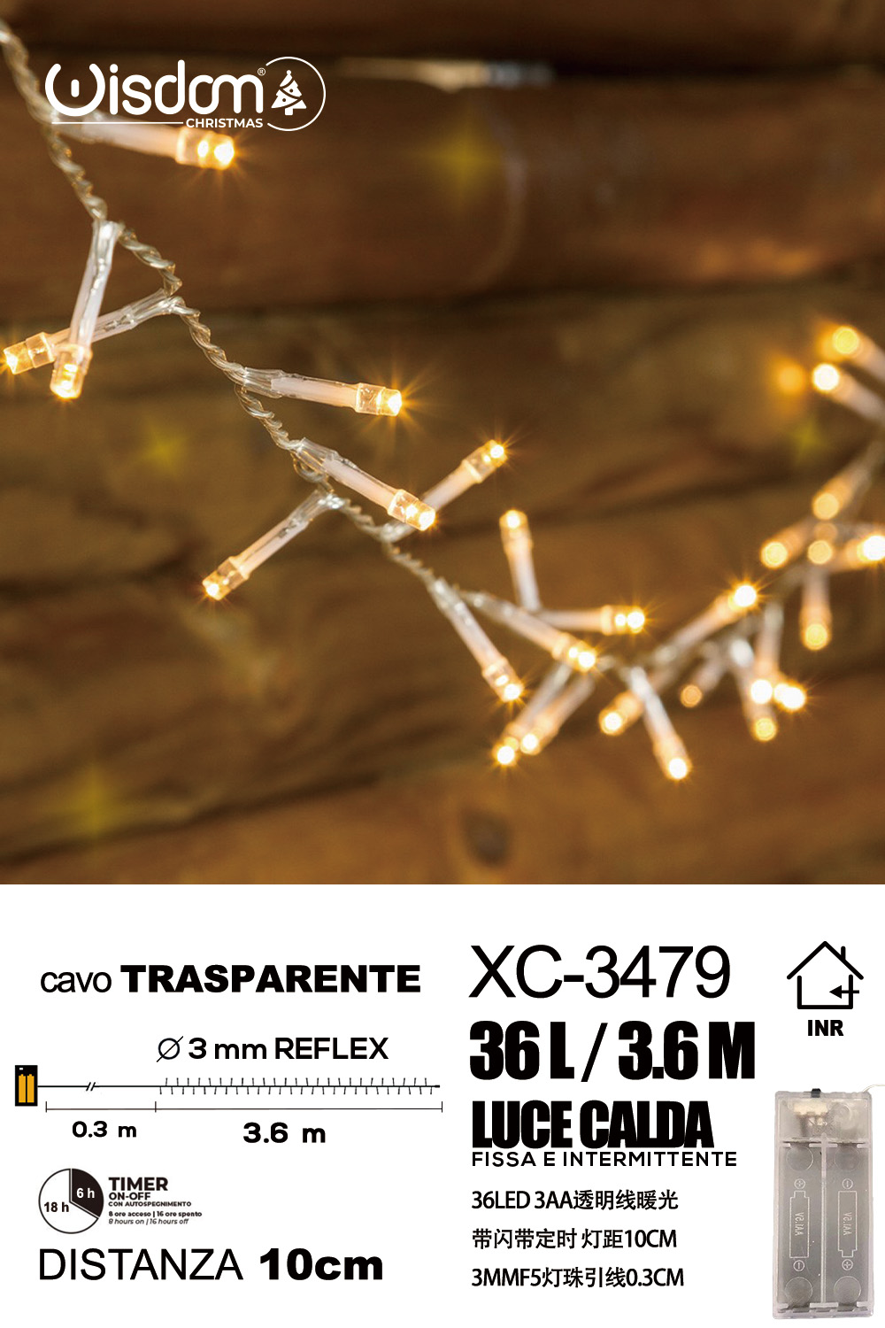 XC-3479 Catena luminosa 36 LED REFLEX luce calda da 3,6 metri alimentazione a batterie (non incluse) per uso interno funzione timer on/off - immagine 1