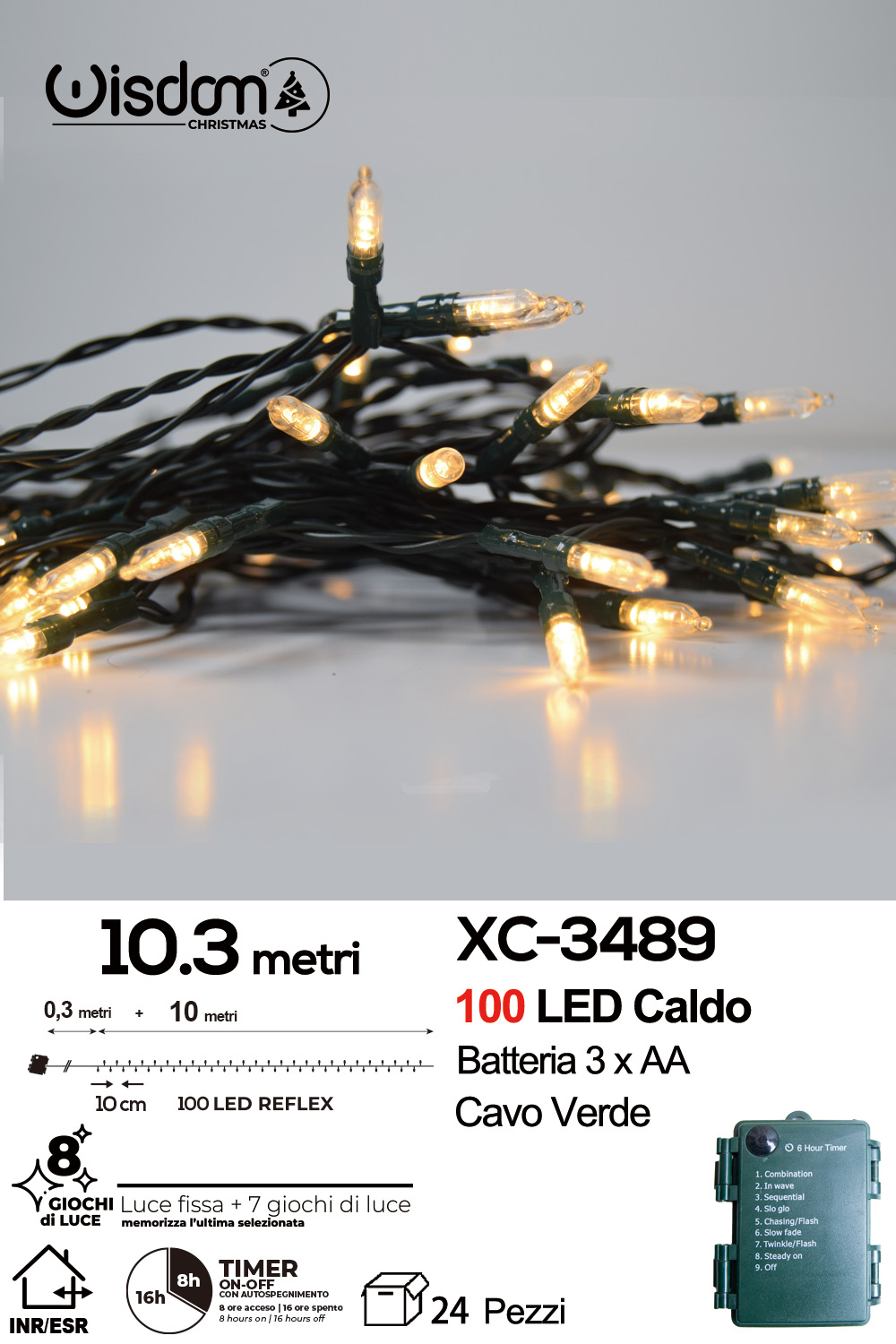 XC-3489 Catena luminosa da 10,3 metri 100 LED REFLEX luce calda con luce fissa+7 giochi alimentazione a batterie (non incluse) per uso interno/esterno funzione timer on/off - immagine 1