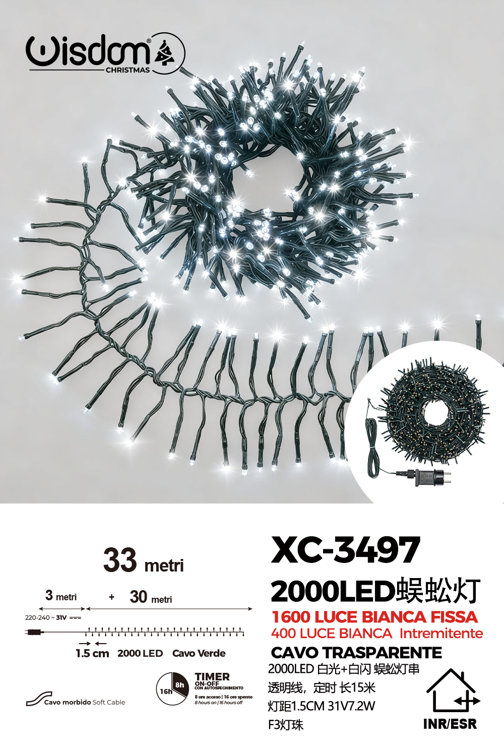 XC-3497 Catena luminosa da 33 metri con 2000 LED luce fredda 1600LED luce fissa 400LED luce intermittente flash per uso interno/esterno funzione timer on/off - immagine 1